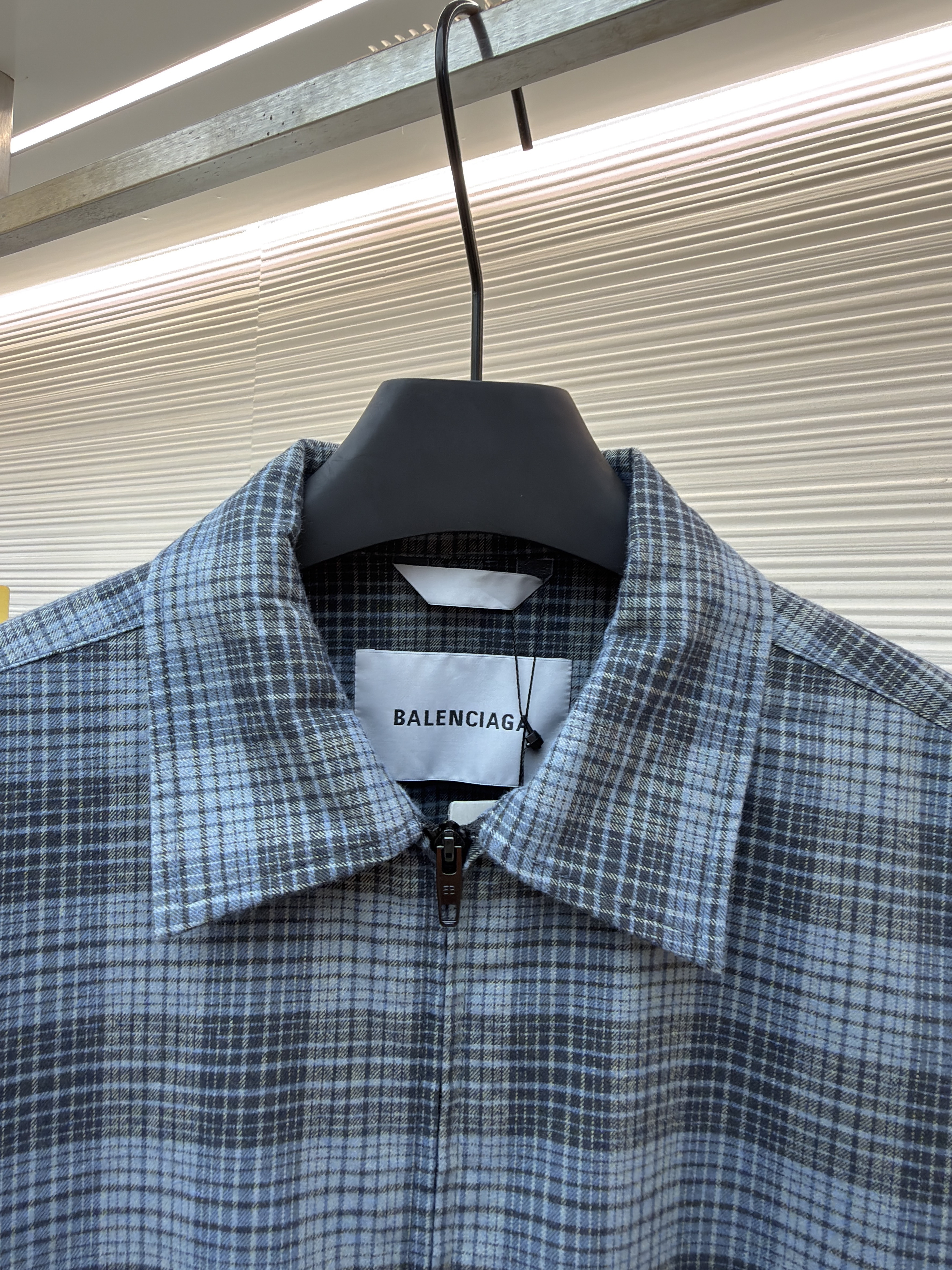Balenciaga 巴黎世家 蓝灰格纹拉链夹棉衬衫外套 夹克 长袖 秋冬 蓝色 C0