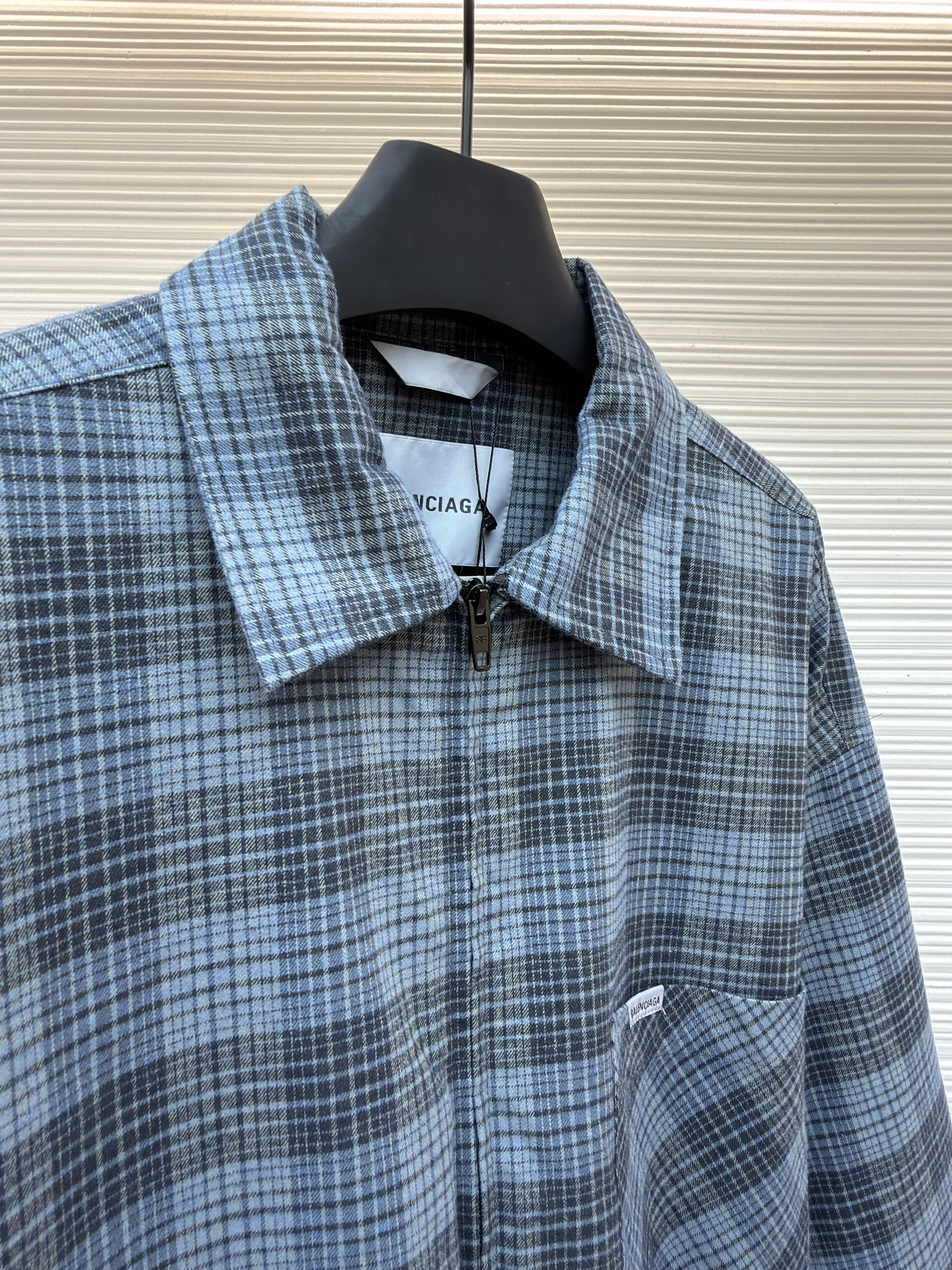 Balenciaga 巴黎世家 蓝灰格纹拉链夹棉衬衫外套 夹克 长袖 秋冬 蓝色 C0