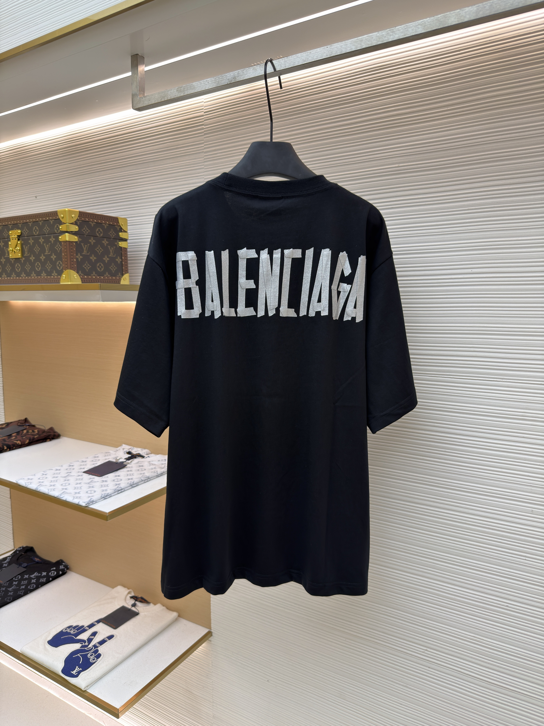 Balenciaga 巴黎世家 细闪胶带印花圆领短袖 T恤 圆领 夏季 黑色 灰色 A0 