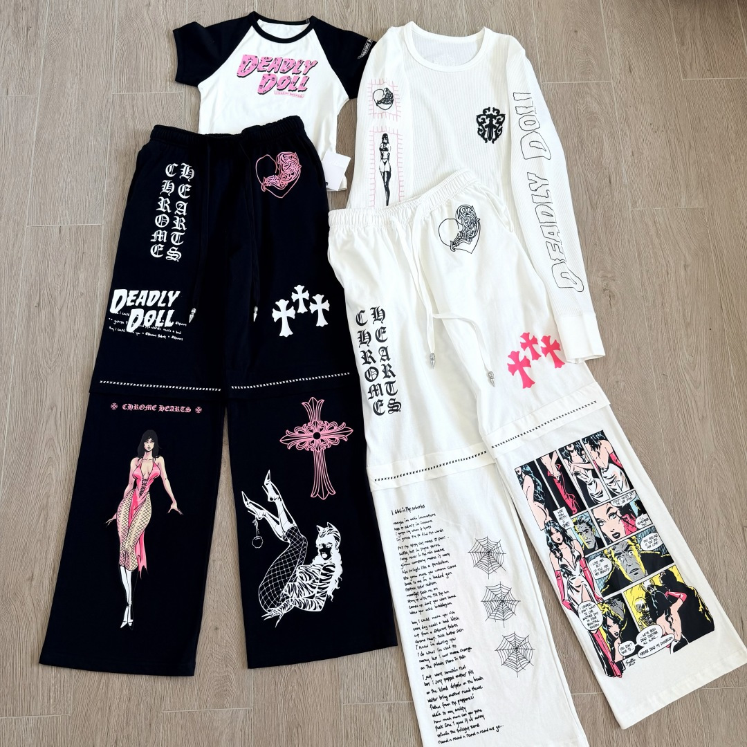 925 Chrome Hearts 克罗心 Deadly doll 黑色涂鸦漫画裤 卫裤 运动裤 休闲裤 长裤 裤子 白色 黑色 