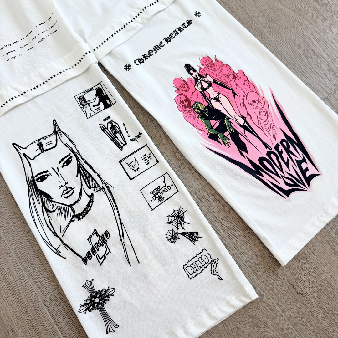 925 Chrome Hearts 克罗心 Deadly doll 黑色涂鸦漫画裤 卫裤 运动裤 休闲裤 长裤 裤子 白色 黑色 