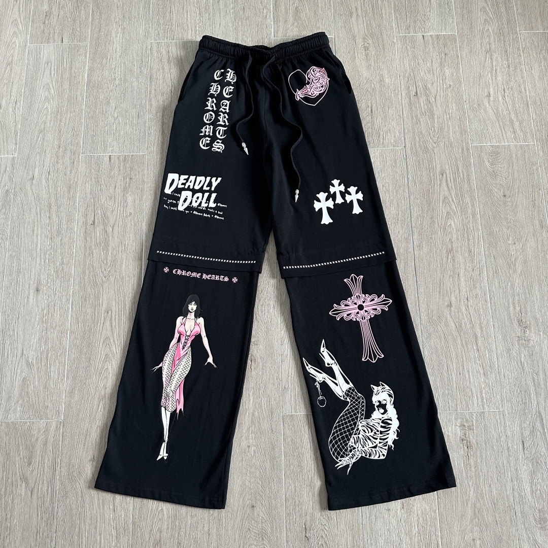 925 Chrome Hearts 克罗心 Deadly doll 黑色涂鸦漫画裤 卫裤 运动裤 休闲裤 长裤 裤子 白色 黑色 