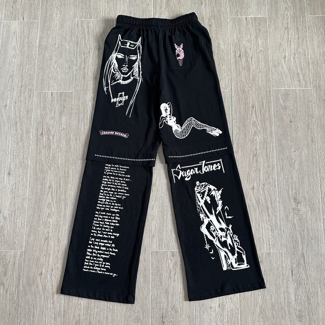 925 Chrome Hearts 克罗心 Deadly doll 黑色涂鸦漫画裤 卫裤 运动裤 休闲裤 长裤 裤子 白色 黑色 