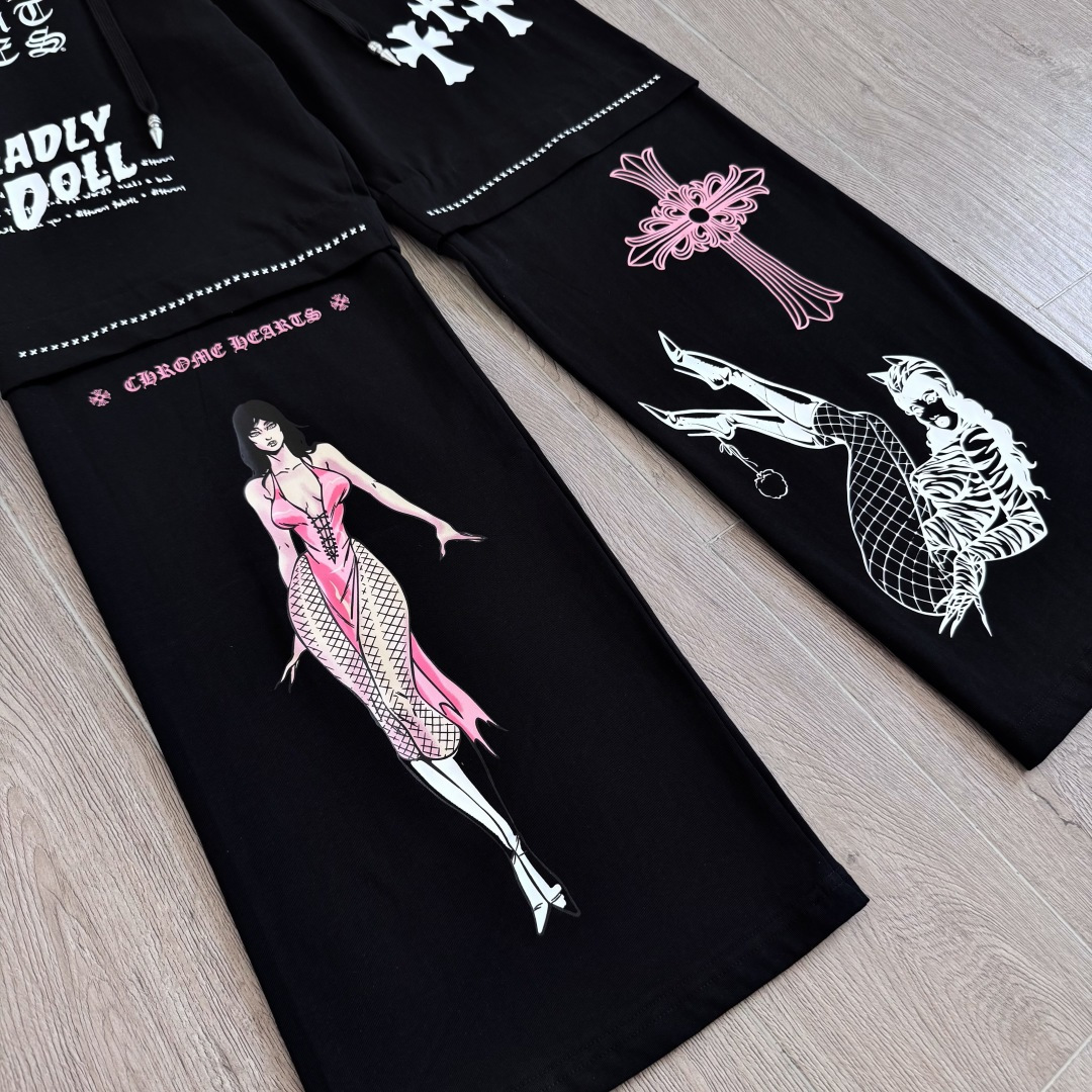 925 Chrome Hearts 克罗心 Deadly doll 黑色涂鸦漫画裤 卫裤 运动裤 休闲裤 长裤 裤子 白色 黑色 