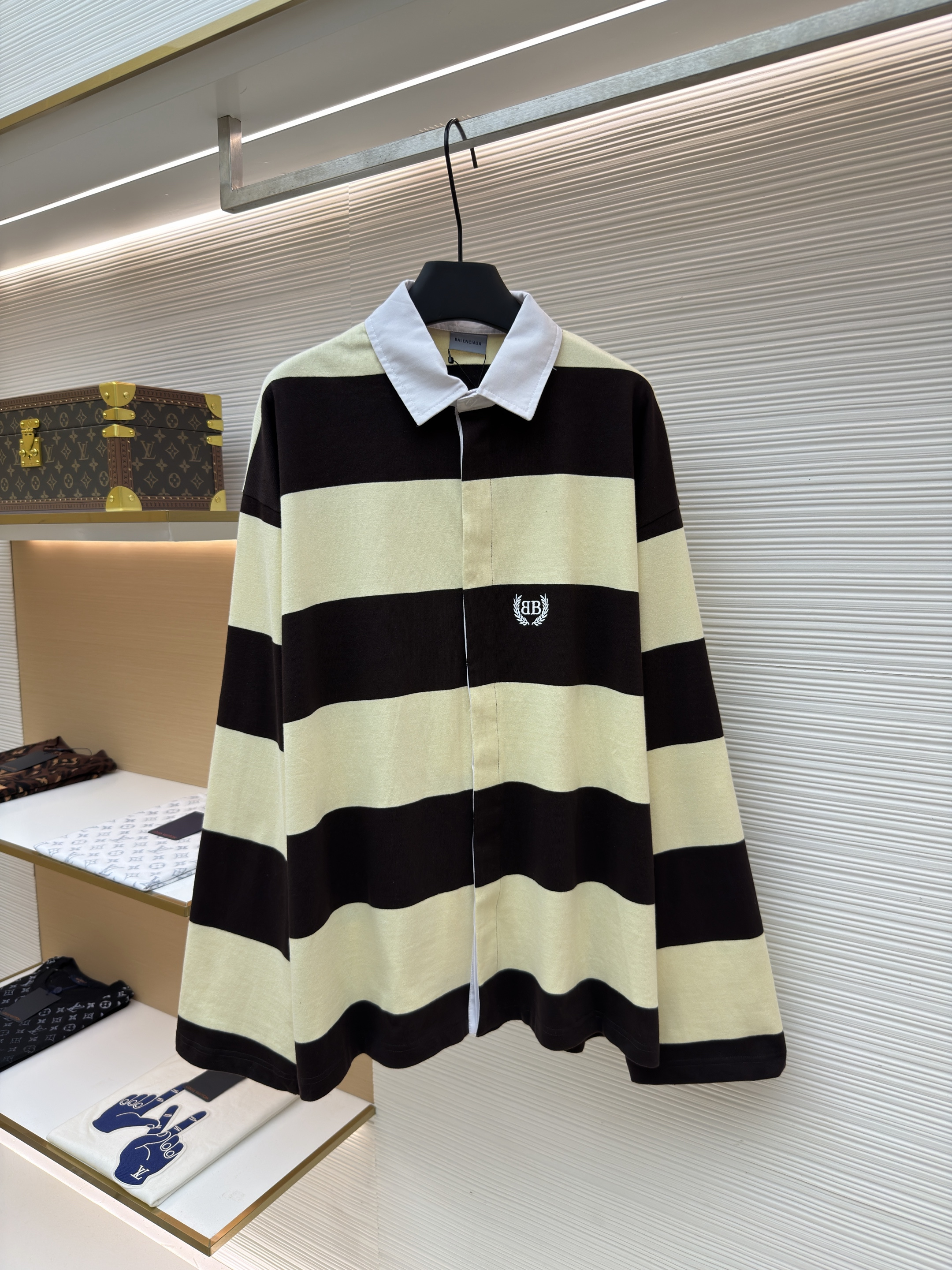 Balenciaga 巴黎世家 麦穗双B刺绣黄棕条纹Polo衫 长袖 外套 黄色 B0