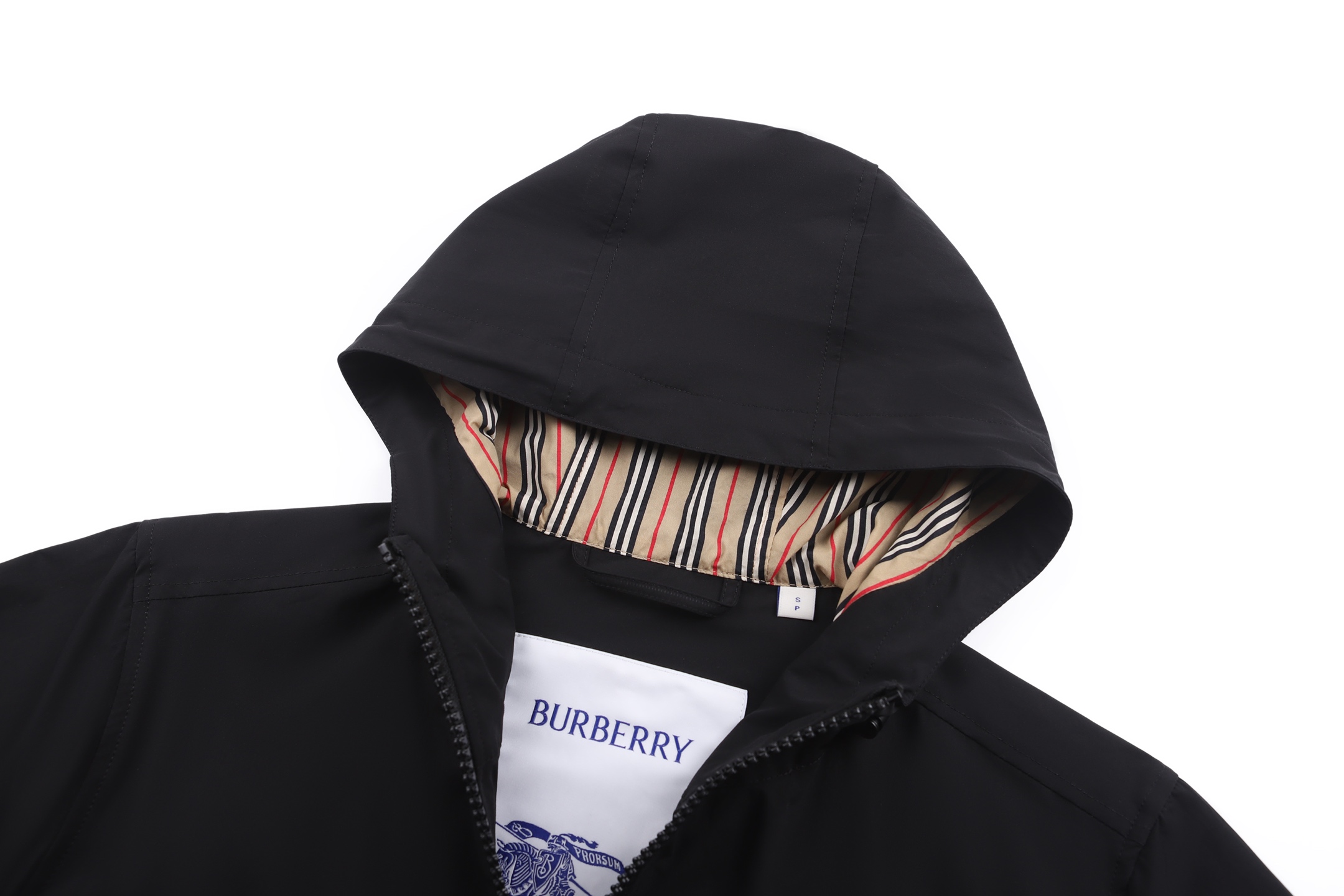 Burberry 巴宝莉 logo标识拉链条纹连帽夹克 长袖 外套 秋冬款 黑色 C0