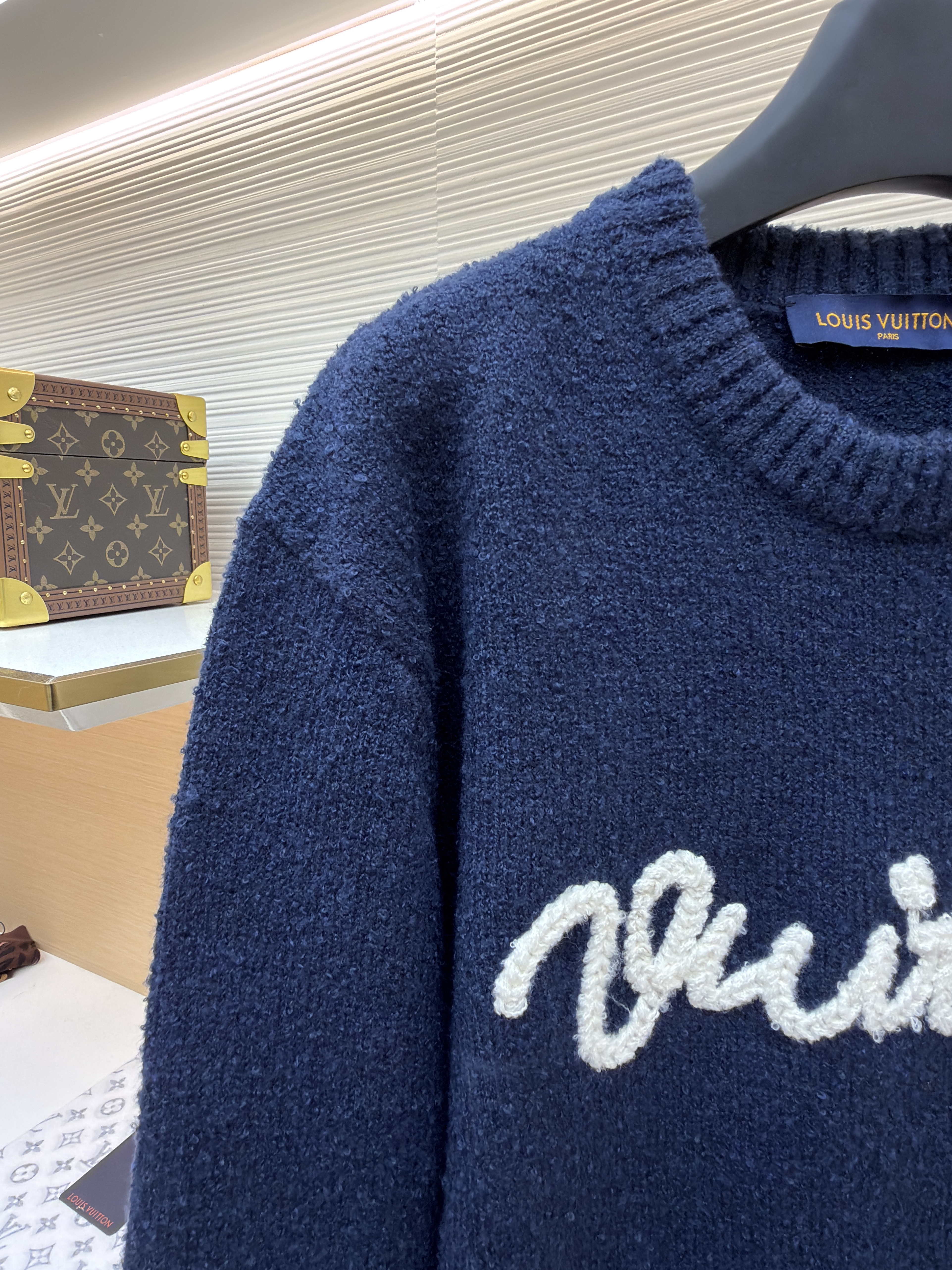 LOUIS VUITTON 路易威登 字母刺绣羊毛套头针织毛衣 针织衫 长袖 外套 藏蓝色 B0 