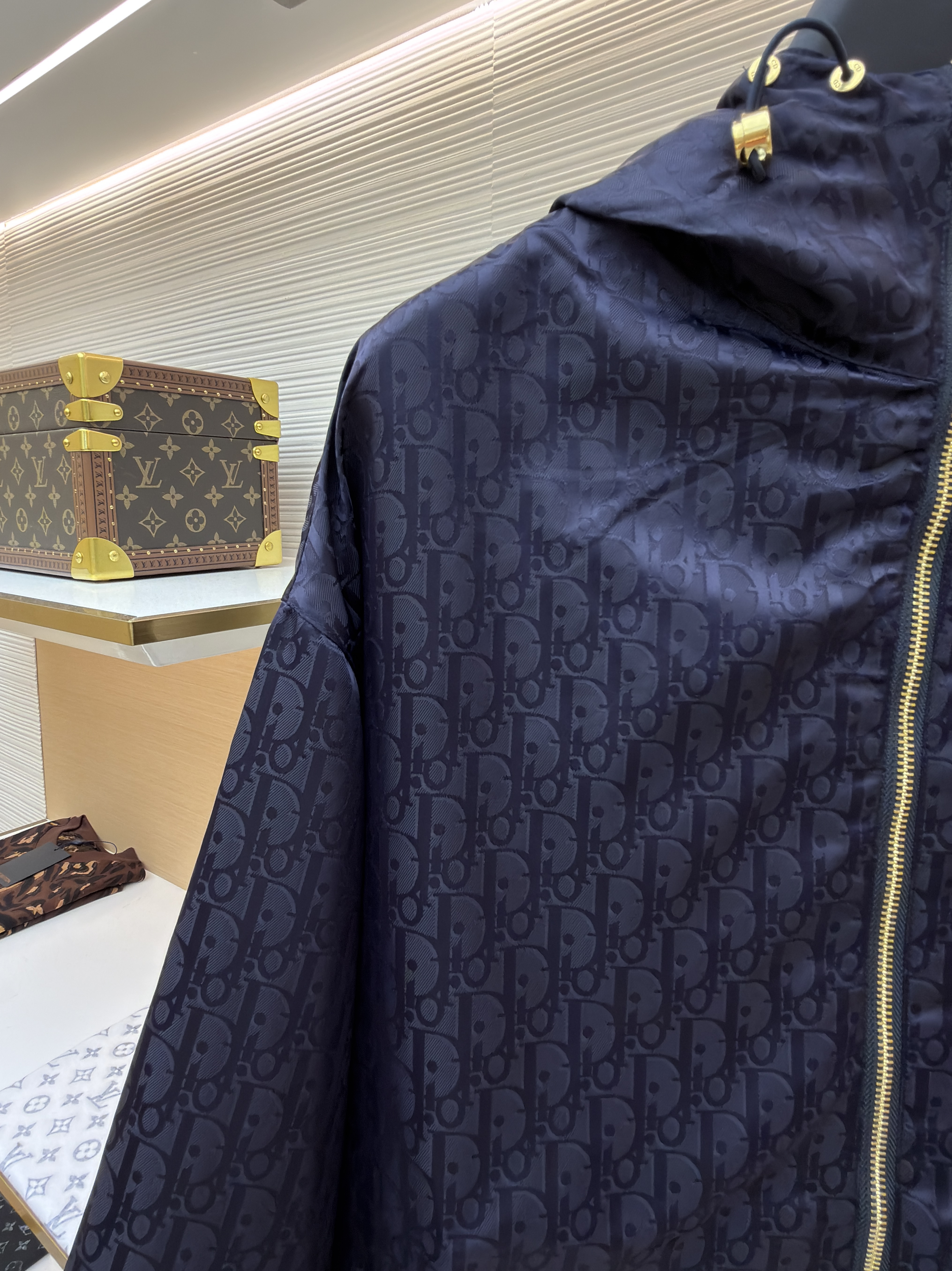DIOR 迪奥 Oblique 满印暗纹印花拉链连帽夹克 外套 长袖 藏蓝色 浅蓝色 B2