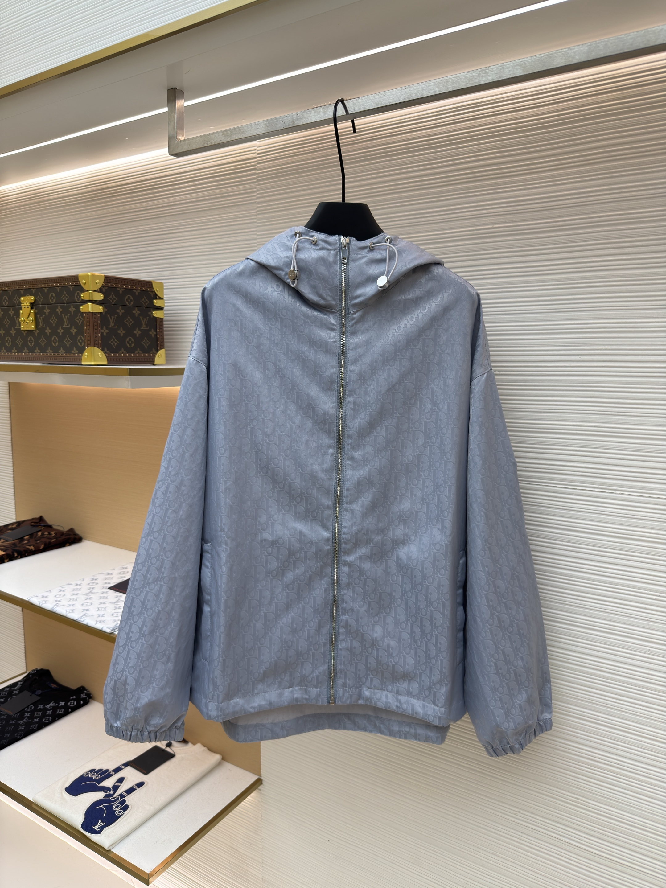 DIOR 迪奥 Oblique 满印暗纹印花拉链连帽夹克 外套 长袖 藏蓝色 浅蓝色 B2