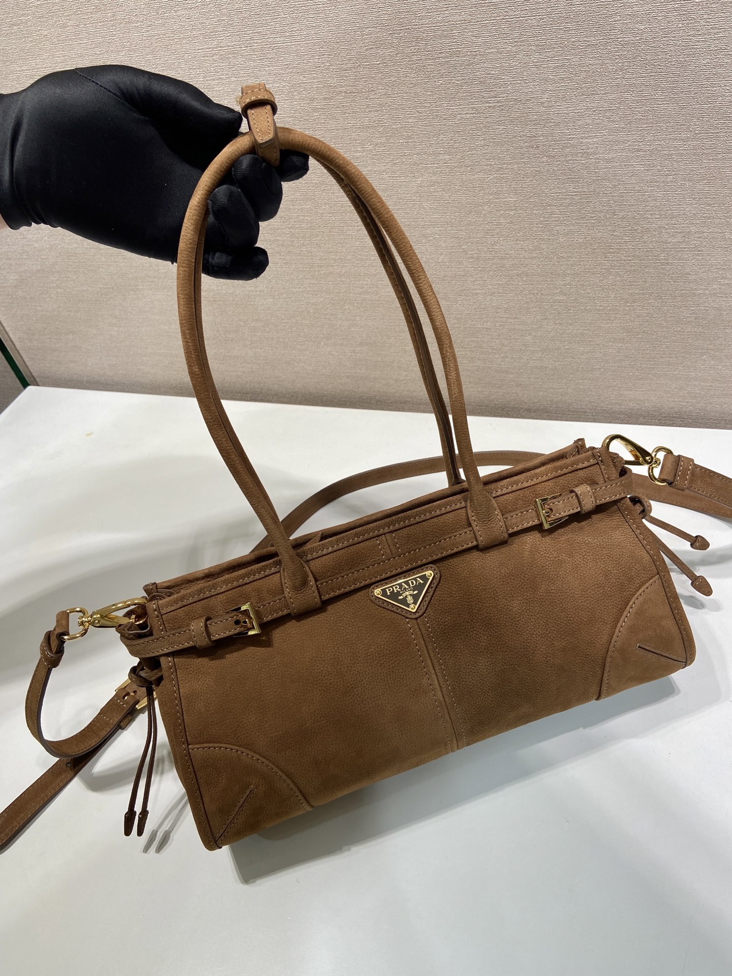中号 普拉达 PRADA Bonnie 手提单肩包 麂皮 肉桂色  F0-1BA426_2C4S_F0401