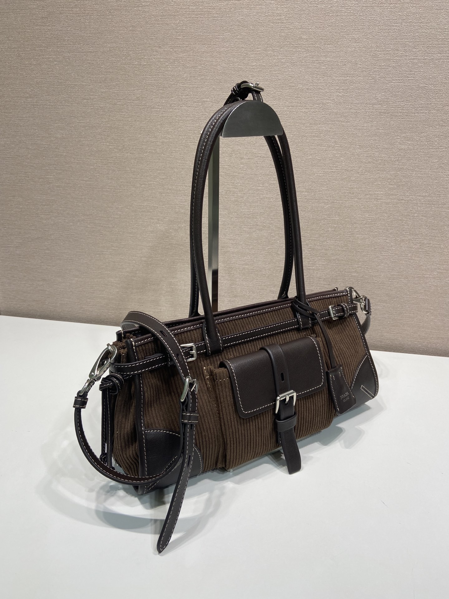 中号 普拉达 PRADA Bonnie 手提单肩包 灯芯绒 棕色  F0-1BA426_2ZS3_F0192