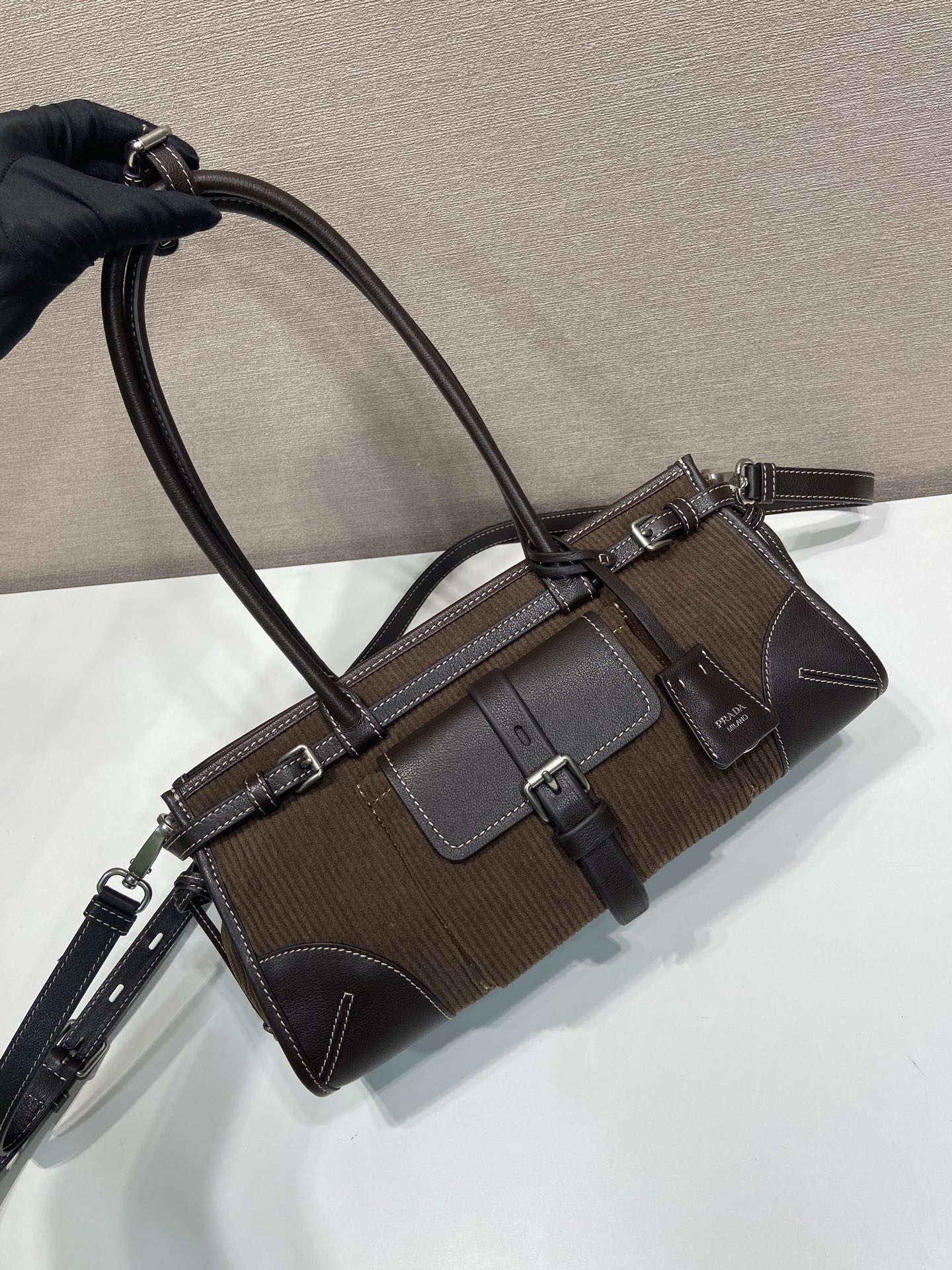 中号 普拉达 PRADA Bonnie 手提单肩包 灯芯绒 棕色  F0-1BA426_2ZS3_F0192