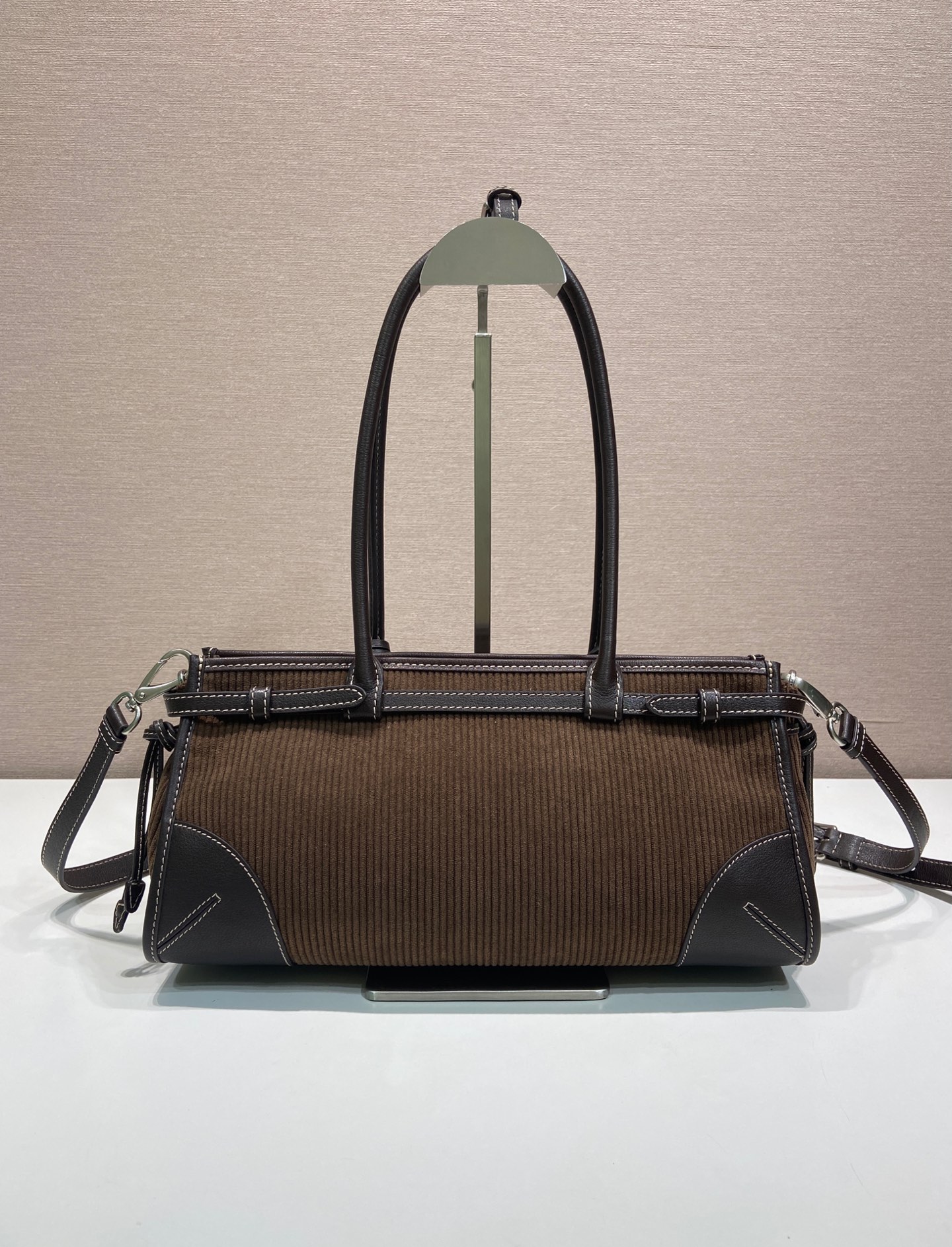 中号 普拉达 PRADA Bonnie 手提单肩包 灯芯绒 棕色  F0-1BA426_2ZS3_F0192