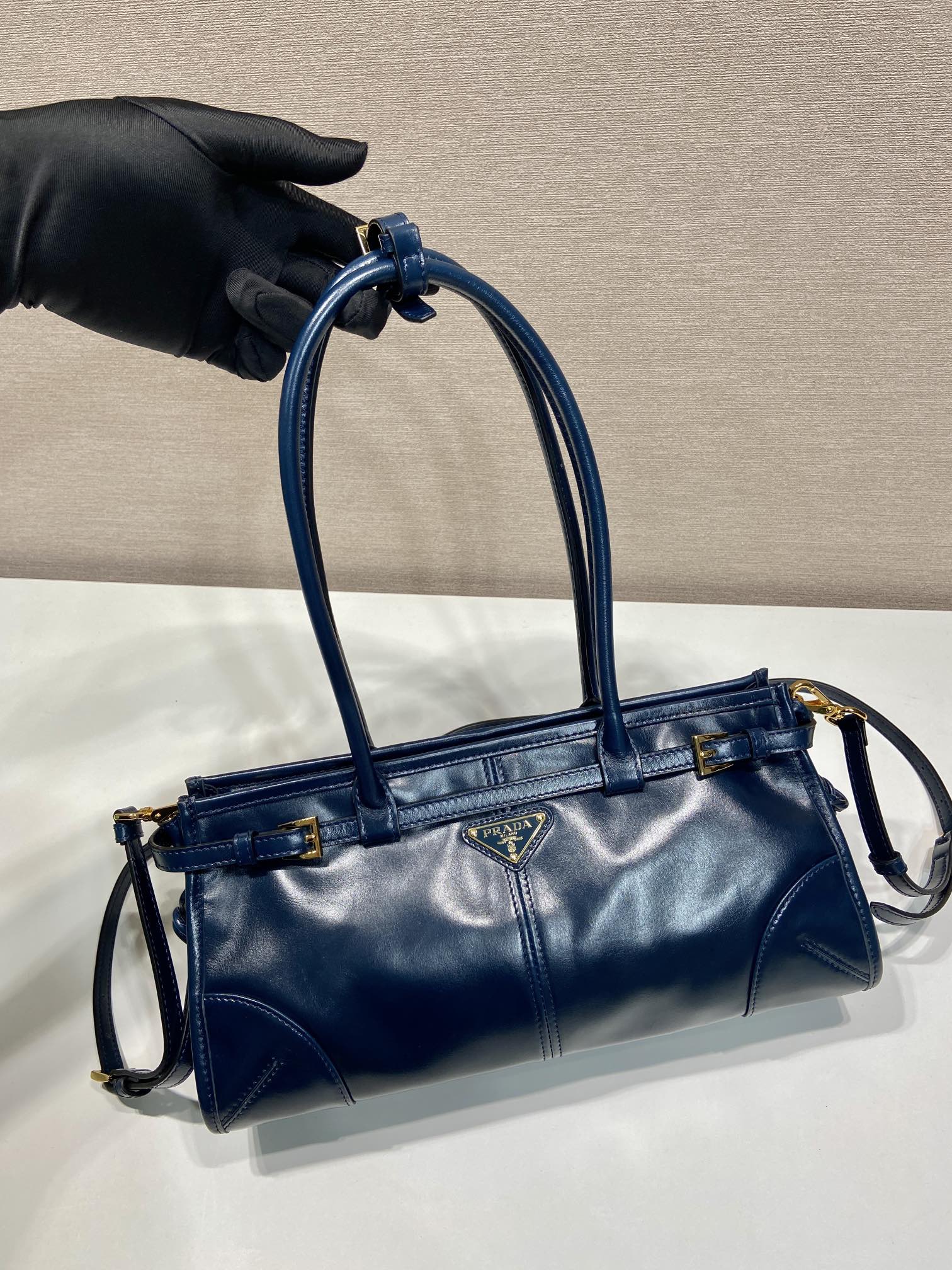 中号 普拉达 PRADA Bonnie 手提单肩包 皮革 蓝色 F0-1BA426 