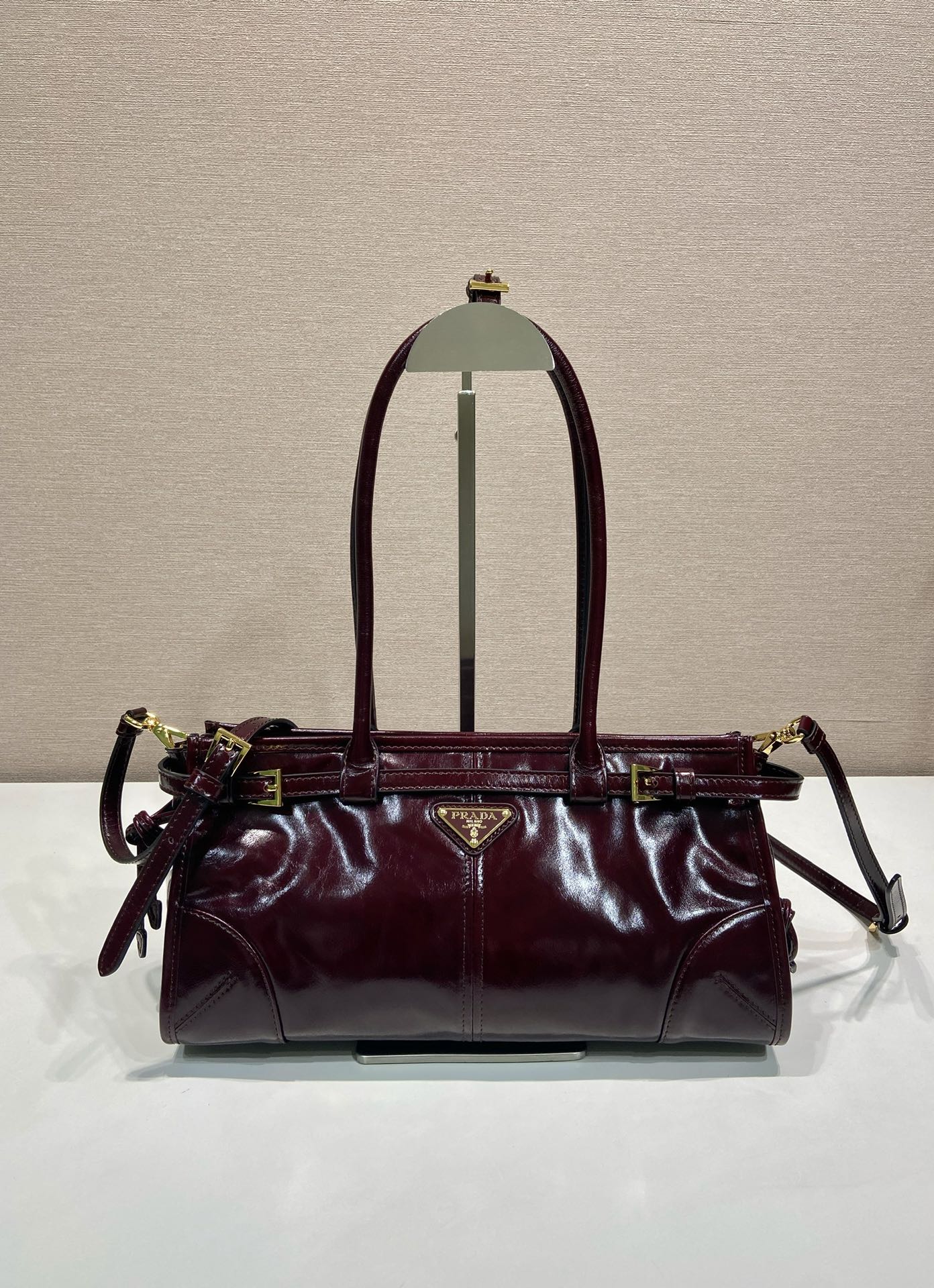 中号 普拉达 PRADA Bonnie 手提单肩包 皮革 勃艮第红色 F0-1BA426_2CYR_F0LV7