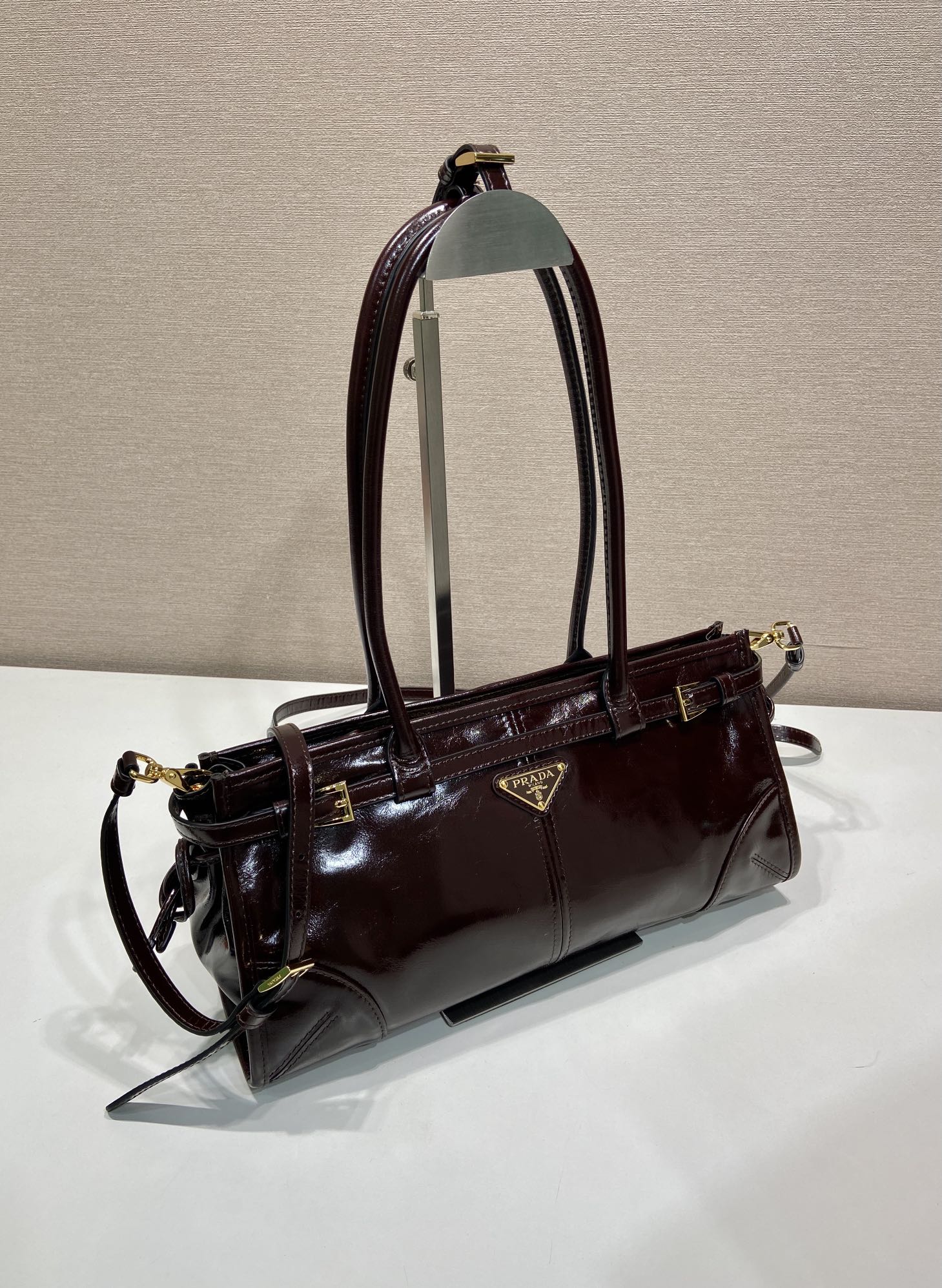 中号 普拉达 PRADA Bonnie 手提单肩包 皮革 深棕红  1BA426_2CYR_F01D6