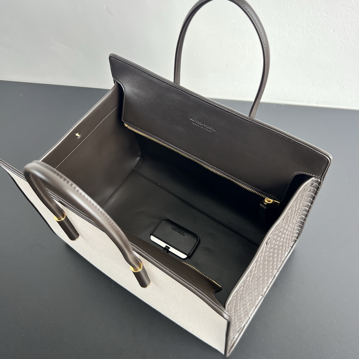 托特 Middle BV Bottega Veneta Intreccio Woven Zip Tote Bag (Linen-cotton blend/Sheepskin lining) - J0-868327V6UD19965