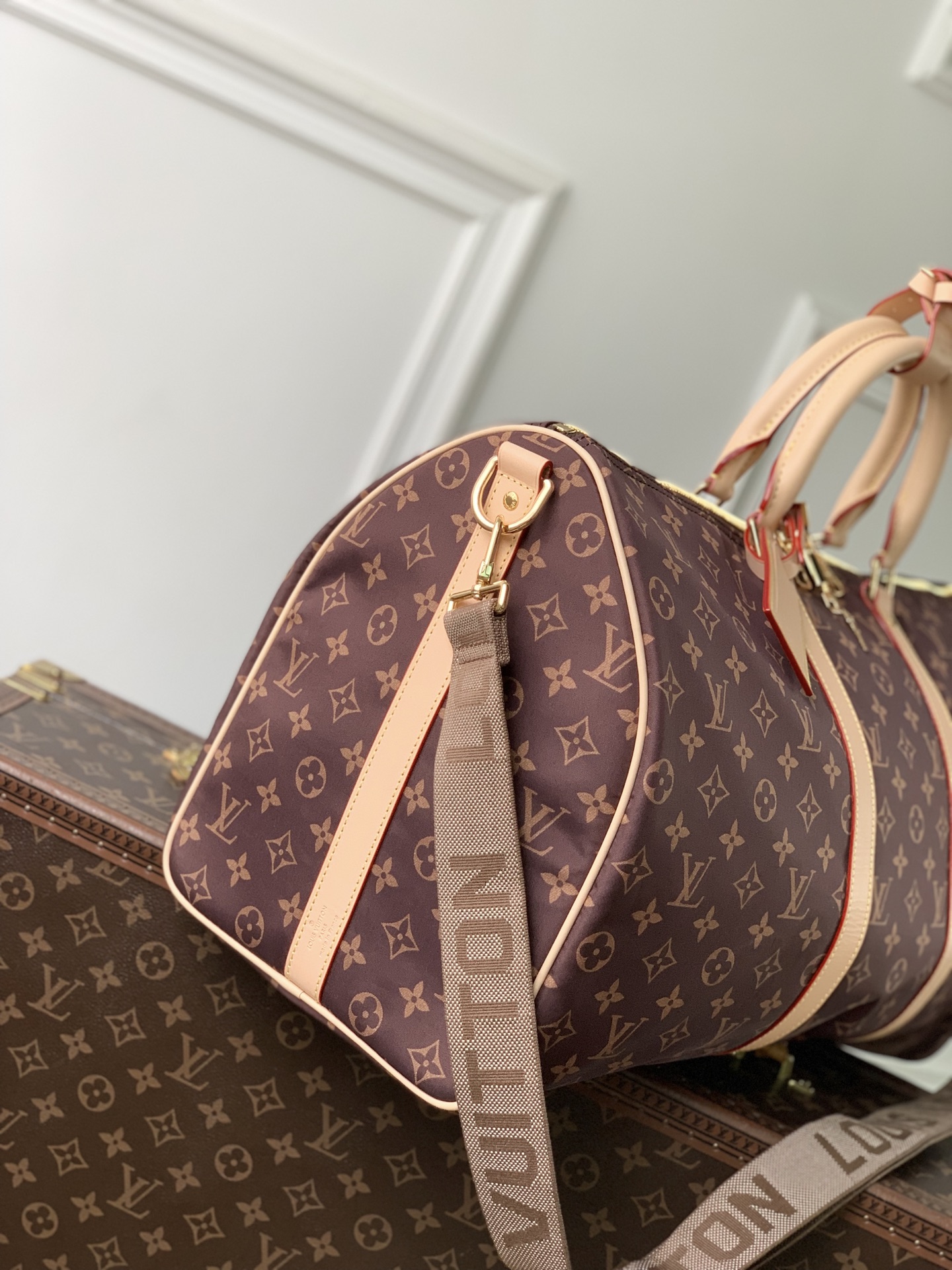 LOUIS VUITTONNANO LV keepall Bandouliere 50  桑蚕丝丝绸拼锦纶  旅行 斜挎手提包 J0-M2A497