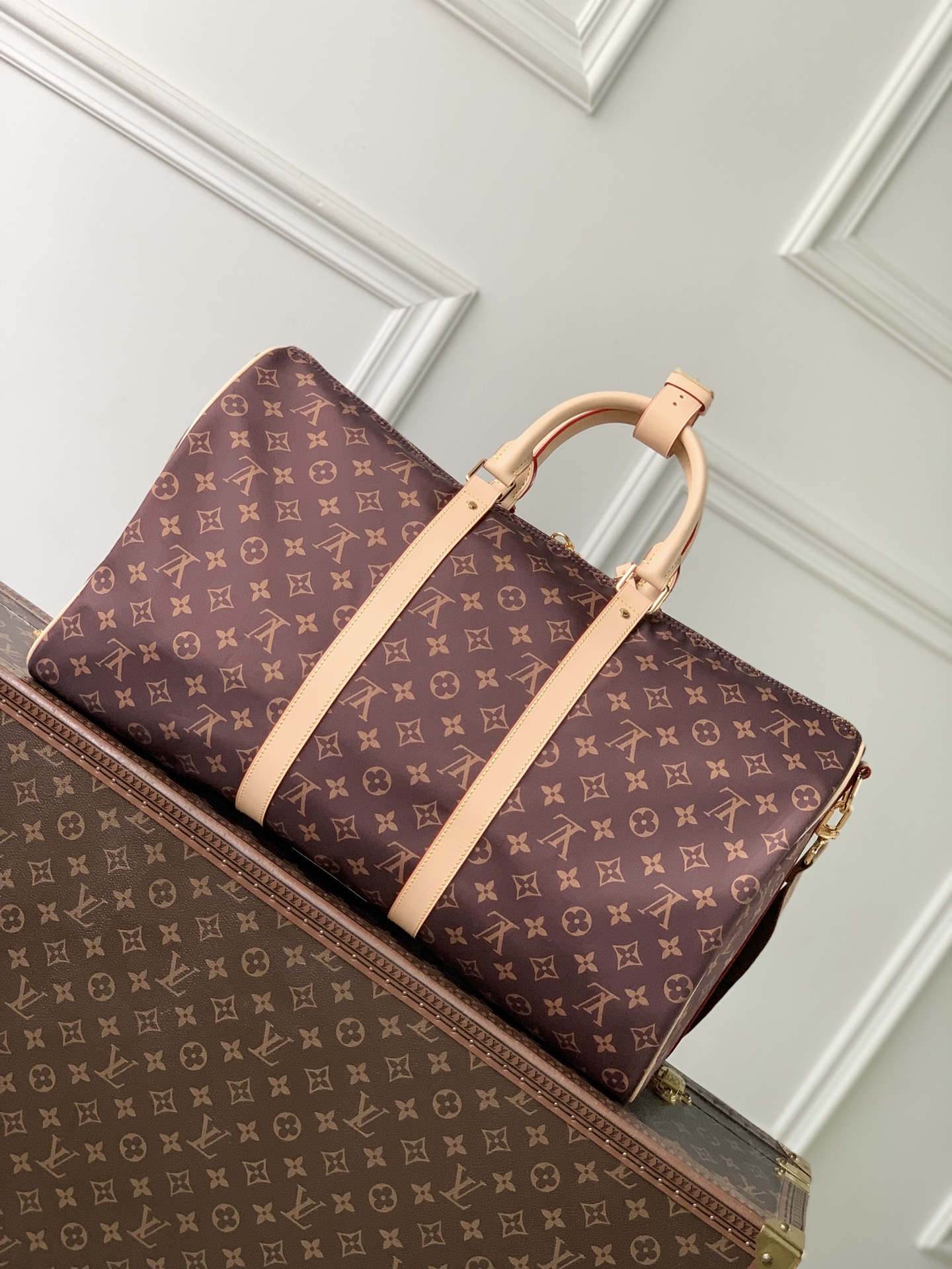 LOUIS VUITTONNANO LV keepall Bandouliere 50  桑蚕丝丝绸拼锦纶  旅行 斜挎手提包 J0-M2A497