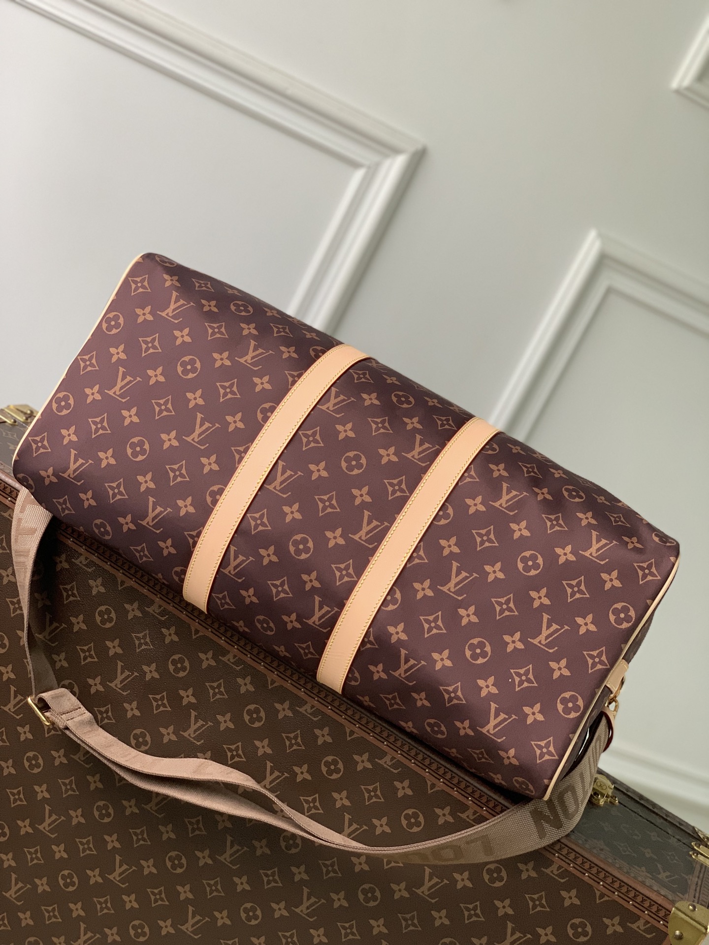 LOUIS VUITTONNANO LV keepall Bandouliere 50  桑蚕丝丝绸拼锦纶  旅行 斜挎手提包 J0-M2A497