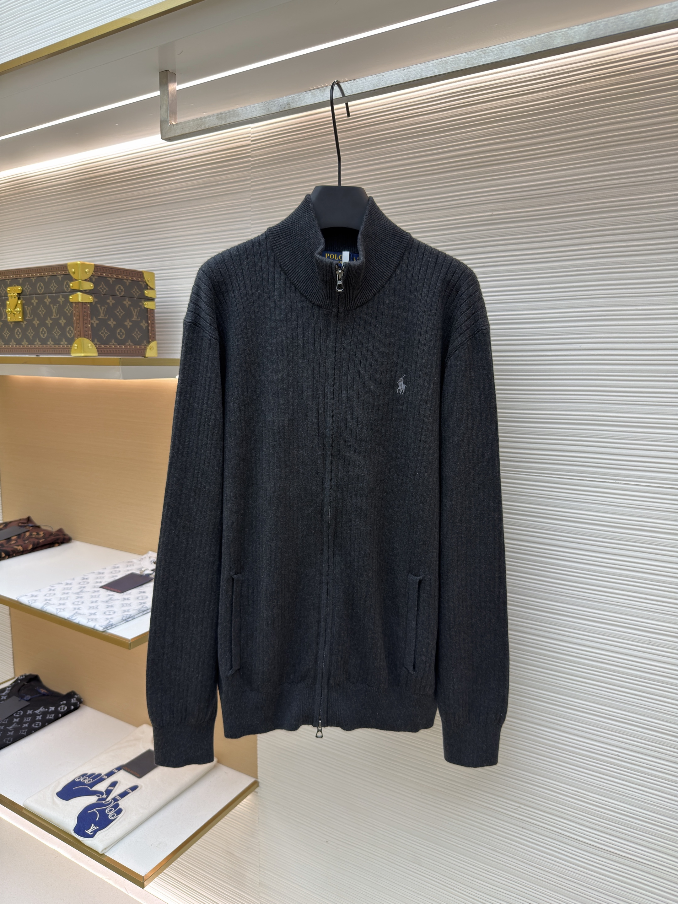 Ralph Lauren 拉夫劳伦 小马抗条拉链立领针织衫 毛衣 开衫 外套 长袖 灰色 深灰色 B0