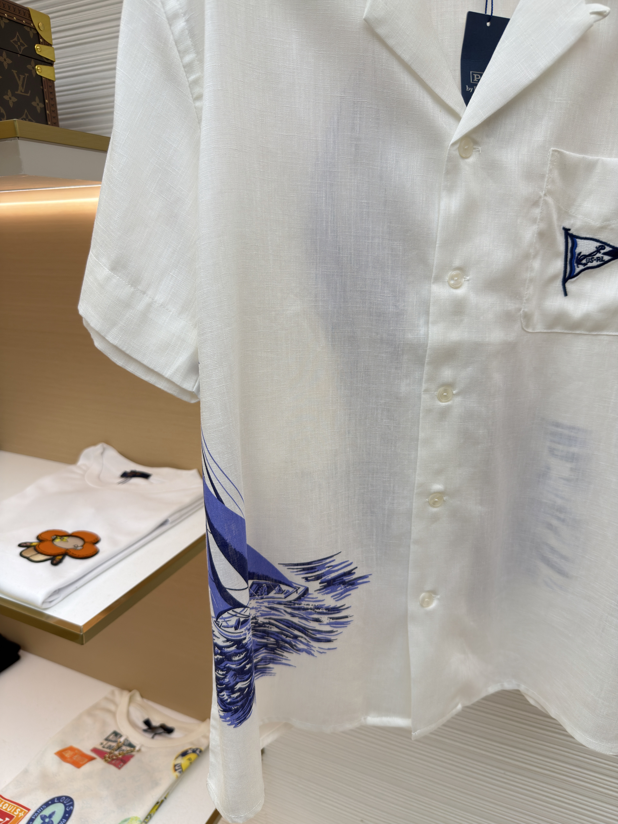 Ralph Lauren 拉夫劳伦 亚麻航海风胸前刺绣衬衫 短袖 外套 夏款 白色 B0