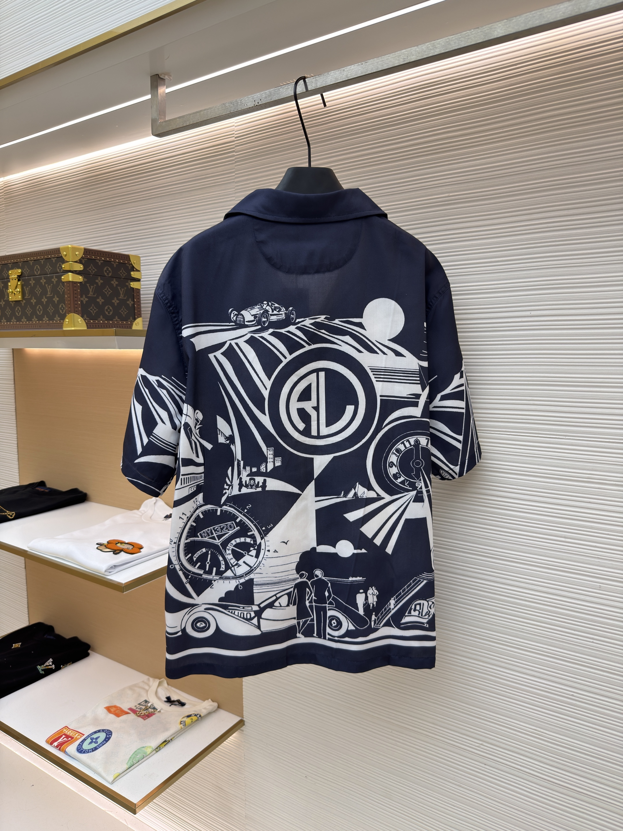 Ralph Lauren 拉夫劳伦 紫标印花翻领单排扣衬衫 短袖 外套 夏款 藏蓝色 B0