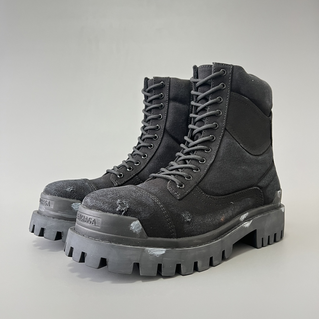 Balenciaga  巴黎世家  Strike 棉布帆布 圆头系带 马丁靴 2cm C0-黑色 694060W2H111000
