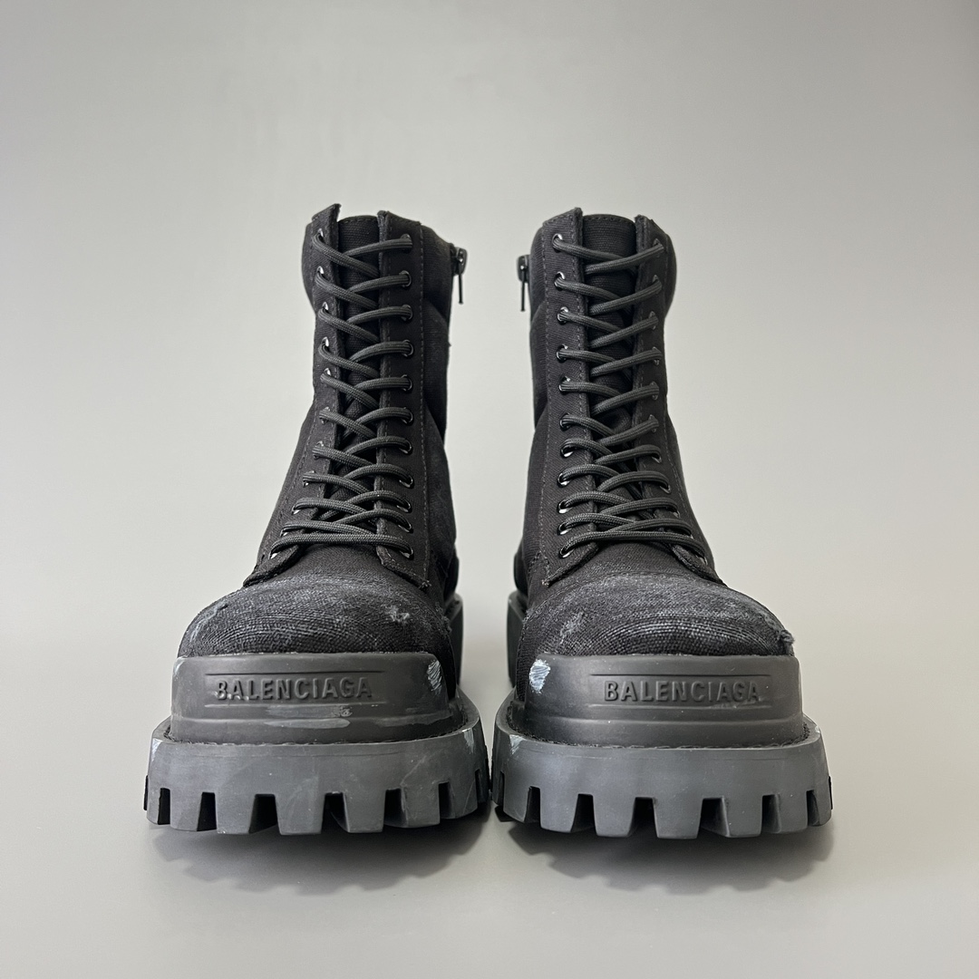 Balenciaga  巴黎世家  Strike 棉布帆布 圆头系带 马丁靴 2cm C0-黑色 694060W2H111000