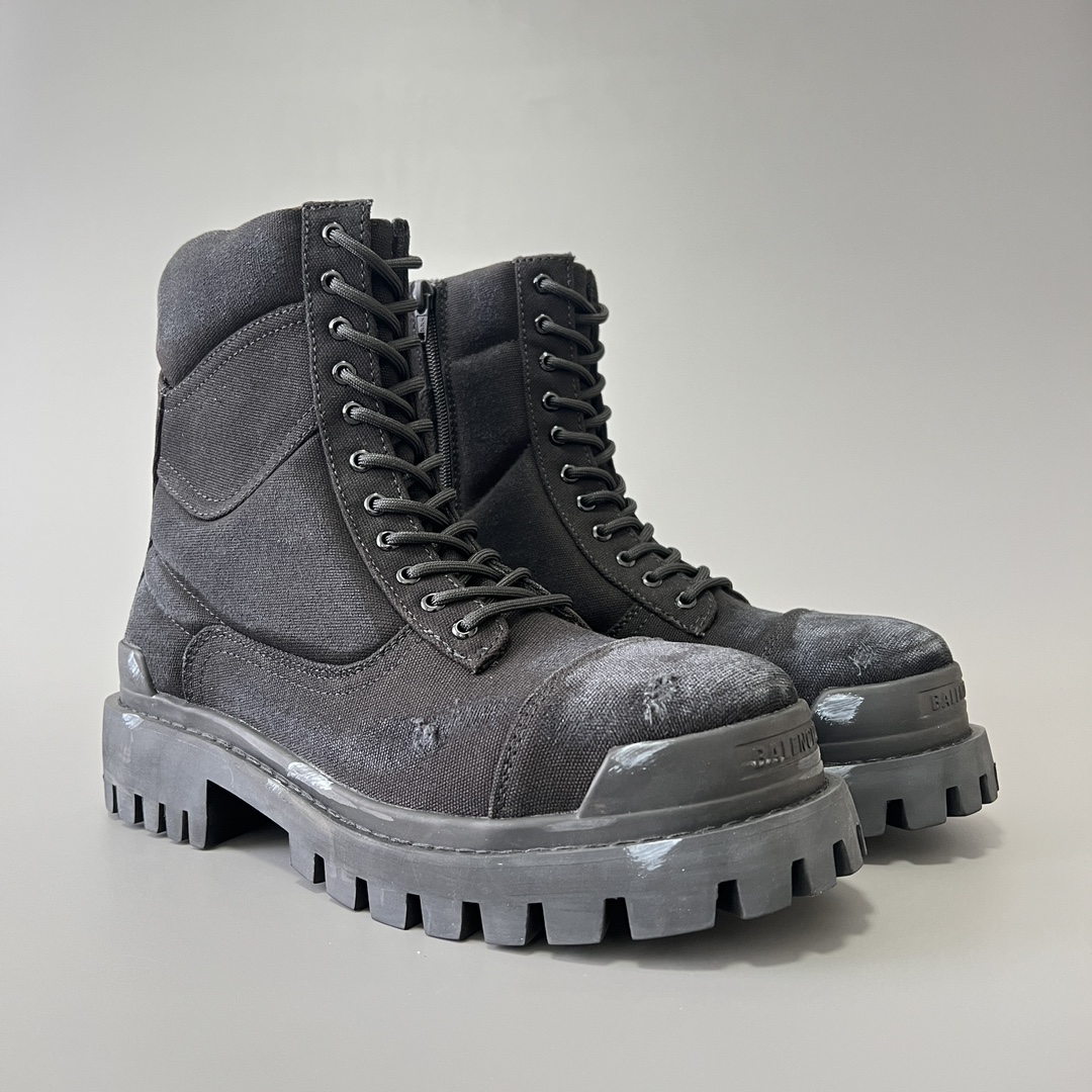 Balenciaga  巴黎世家  Strike 棉布帆布 圆头系带 马丁靴 2cm C0-黑色 694060W2H111000