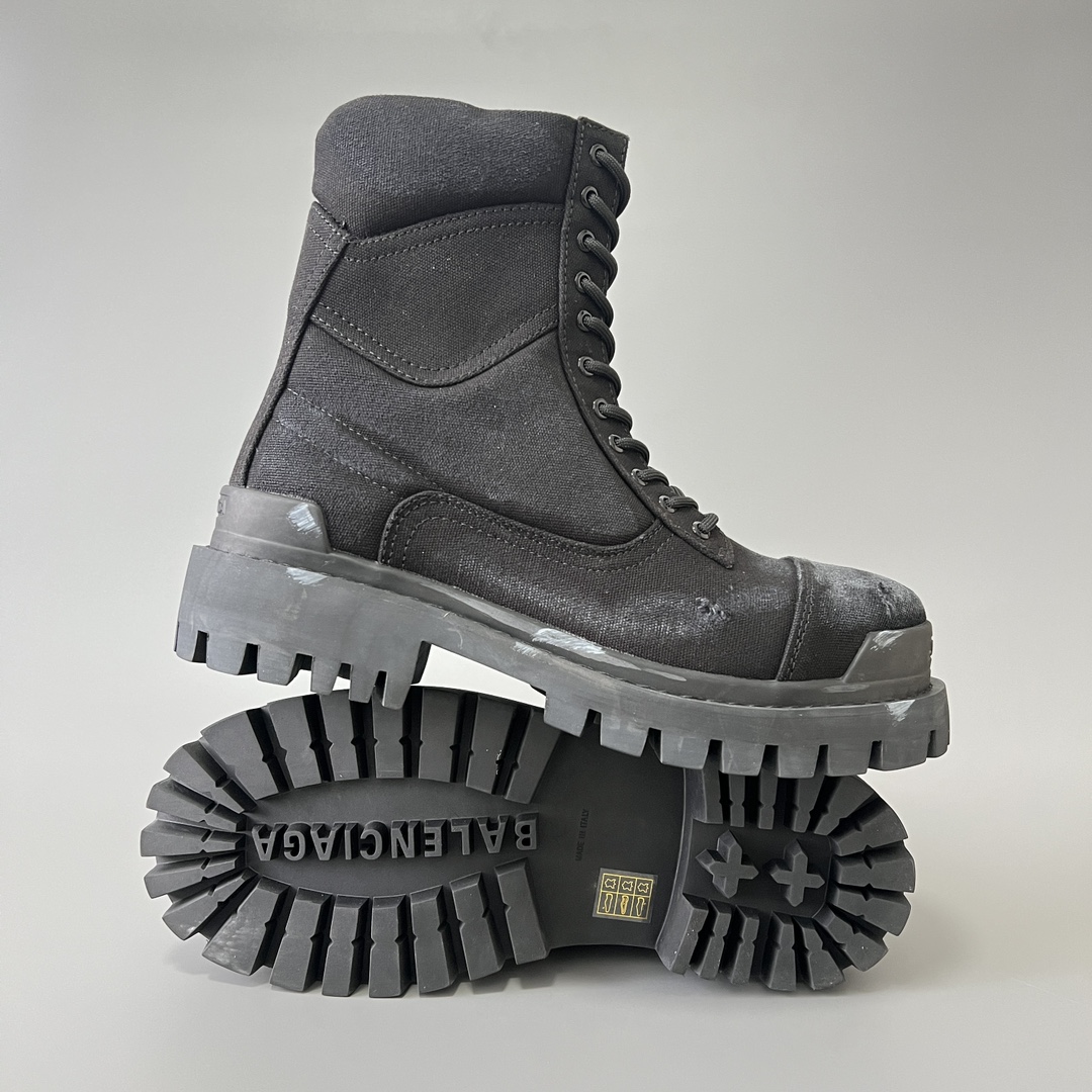 Balenciaga  巴黎世家  Strike 棉布帆布 圆头系带 马丁靴 2cm C0-黑色 694060W2H111000