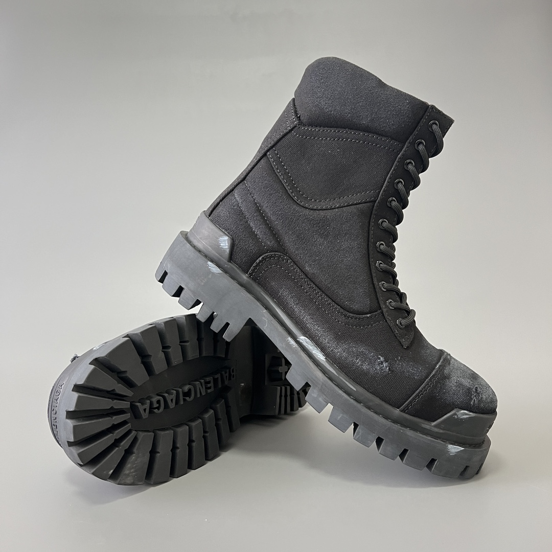 Balenciaga  巴黎世家  Strike 棉布帆布 圆头系带 马丁靴 2cm C0-黑色 694060W2H111000