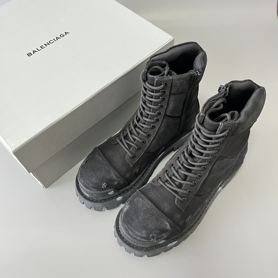 Balenciaga  巴黎世家  Strike 棉布帆布 圆头系带 马丁靴 2cm C0-黑色 694060W2H111000