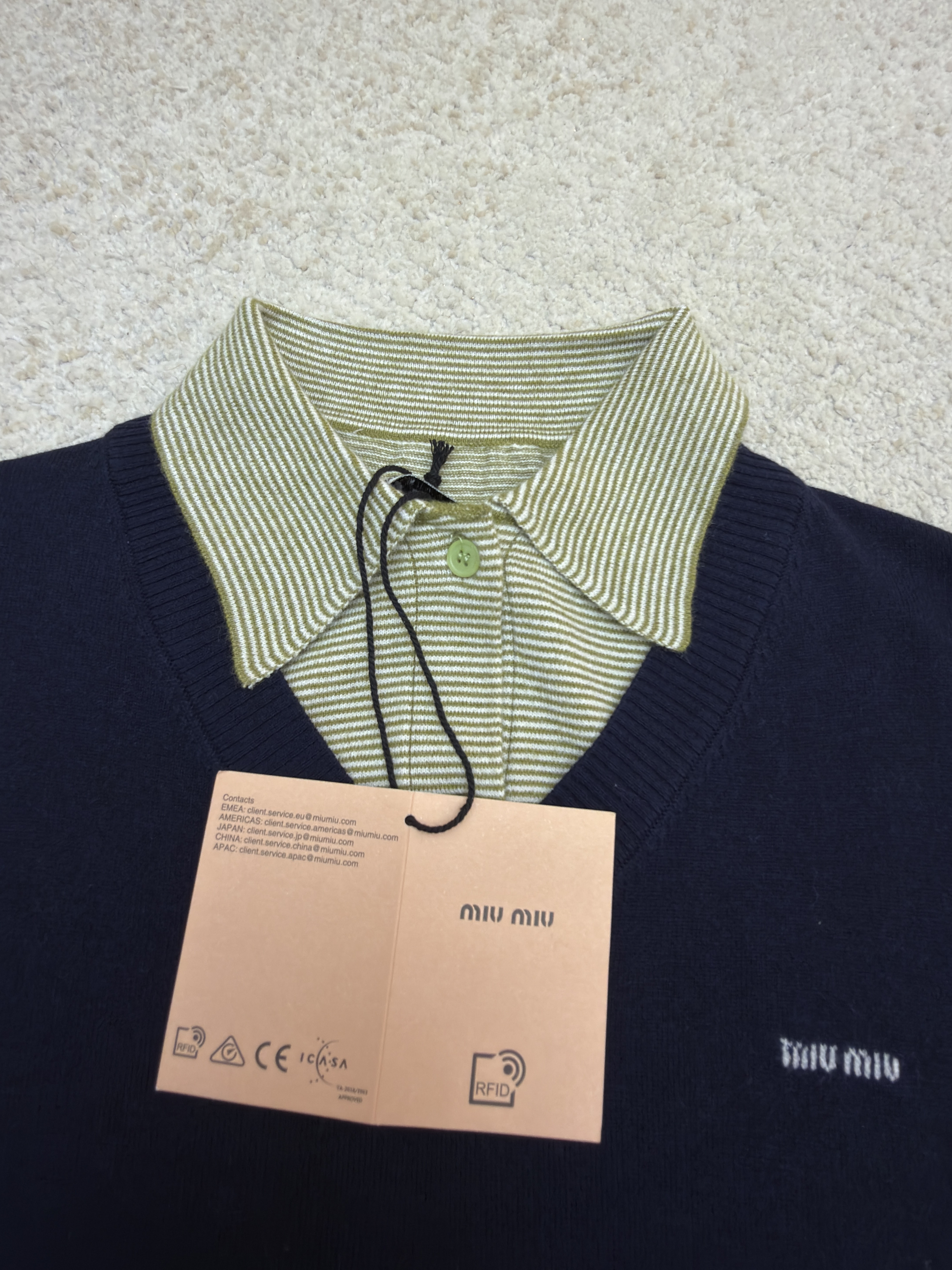 MIU MIU 缪缪 徽标叠搭条纹假两件针织Polo领毛衣 针织衫 外套 长袖 藏蓝色 B0 