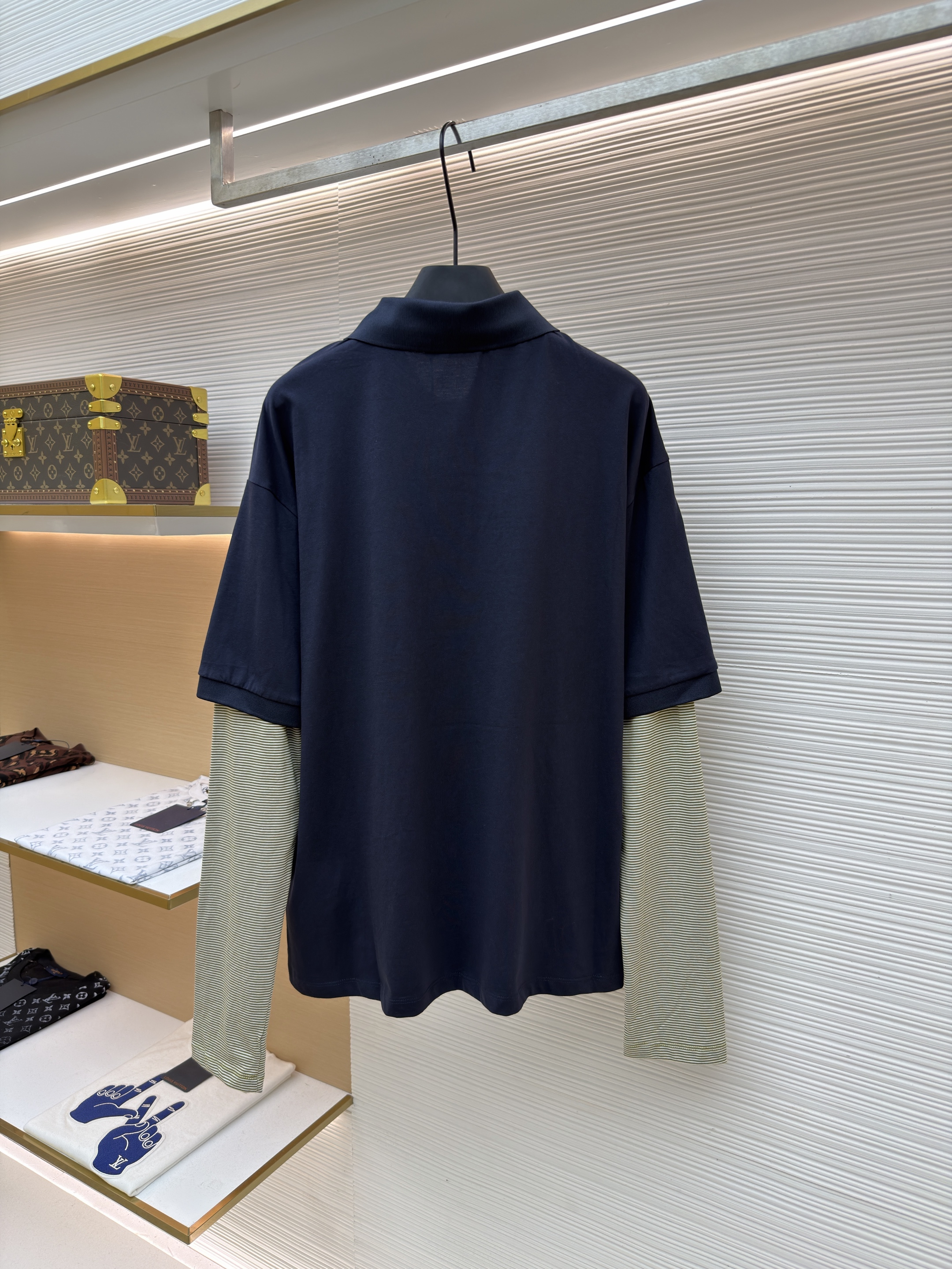 MIU MIU 缪缪 假两件横条纹长袖Polo衫 T恤 打底衫 藏蓝色 A5 