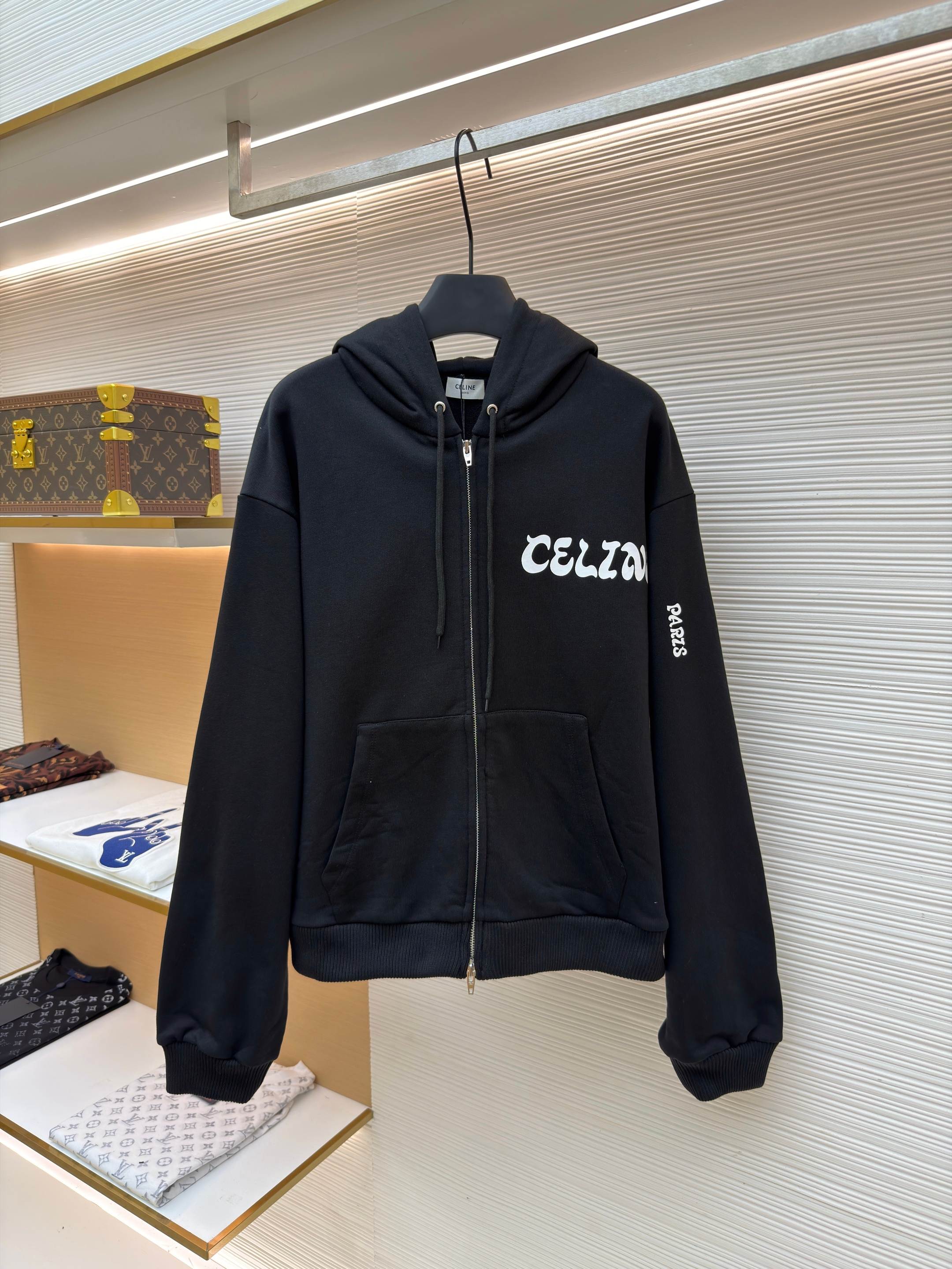 CELINE 赛琳 印花拉链连帽卫衣 连帽衫 外套 夹克 长袖 黑色 B0