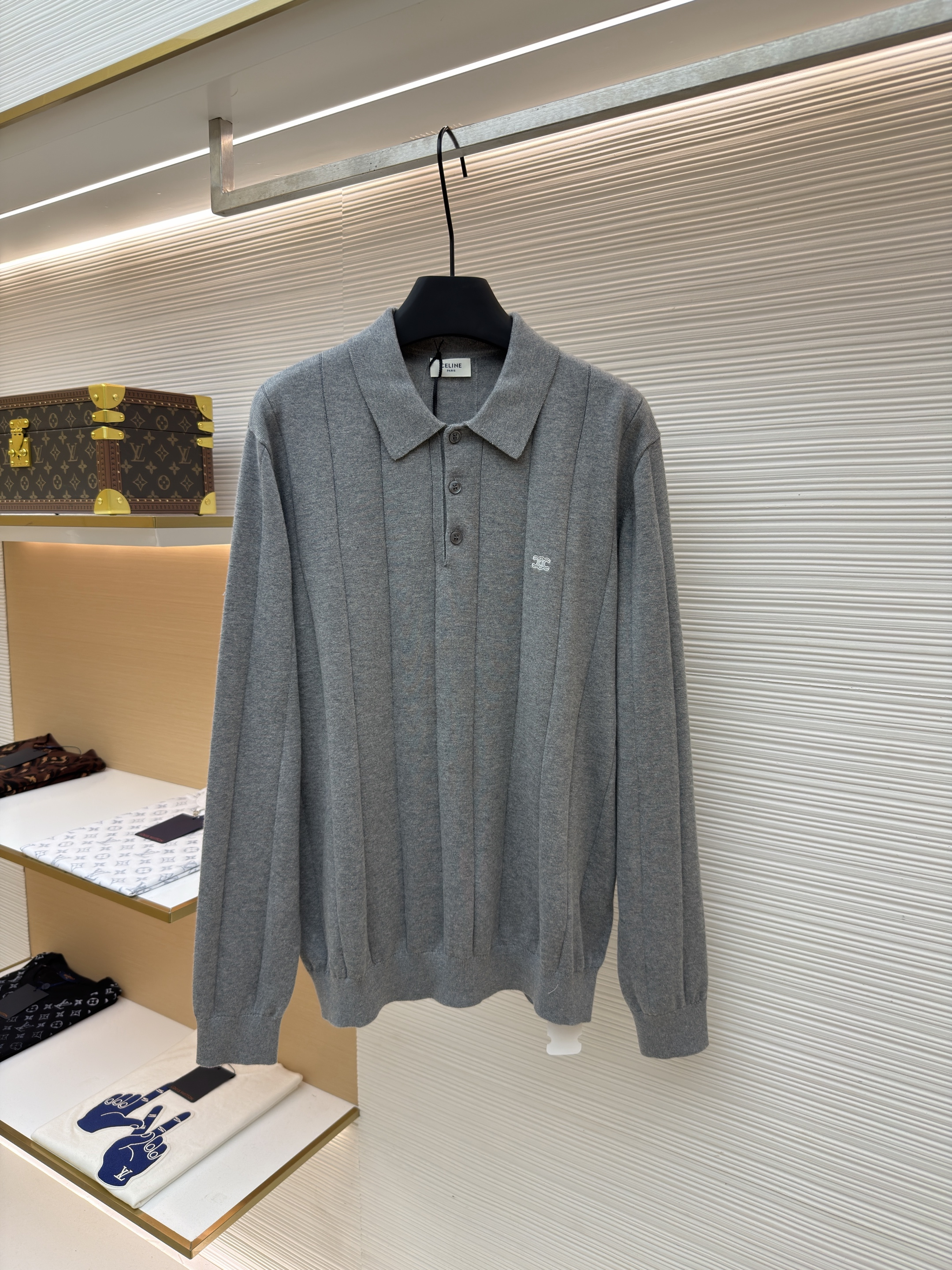 CELINE 赛琳 刺绣套头Polo领针织毛衣 针织衫 外套 长袖 灰色 黑色 B2