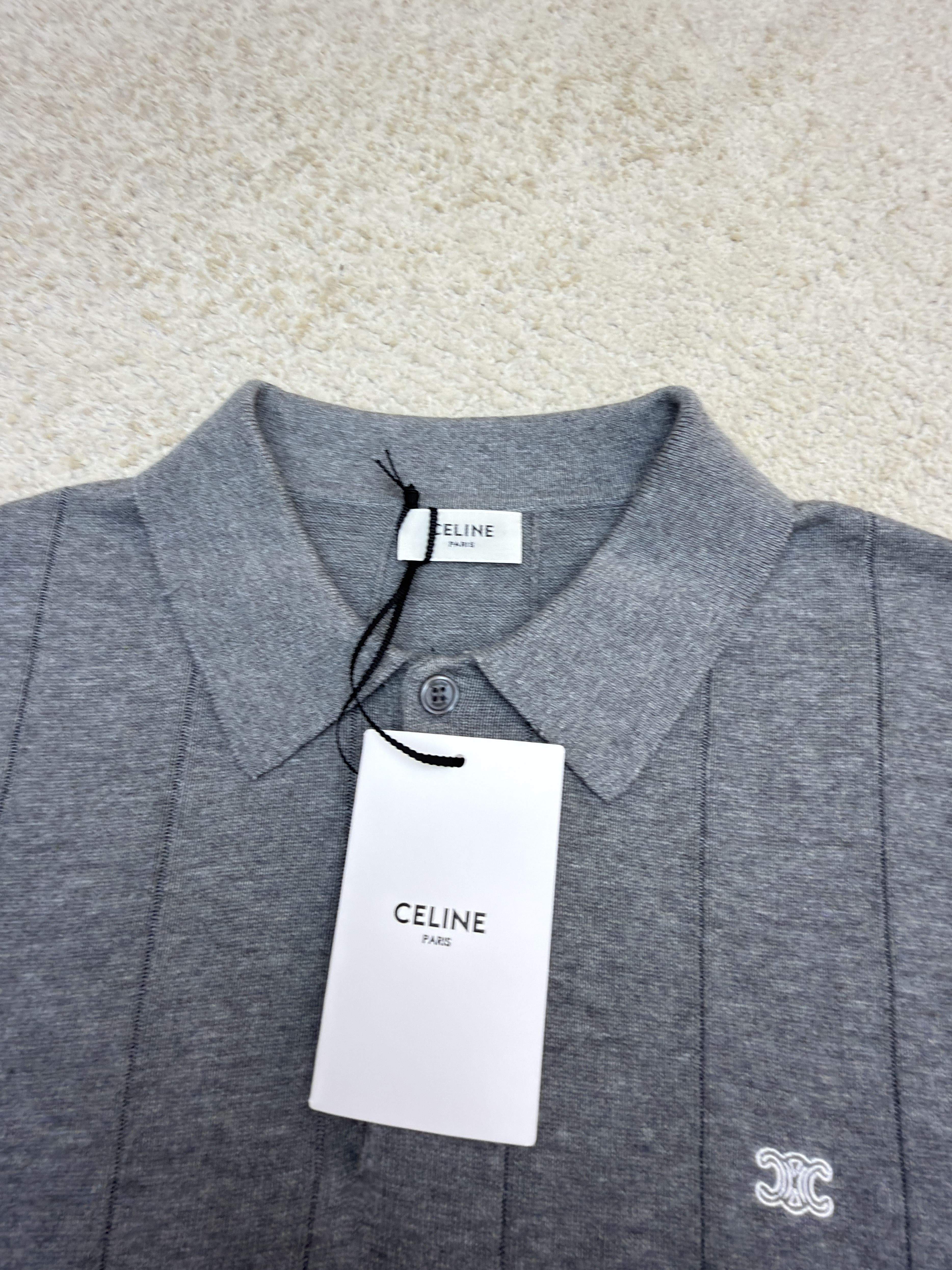 CELINE 赛琳 刺绣套头Polo领针织毛衣 针织衫 外套 长袖 灰色 黑色 B2