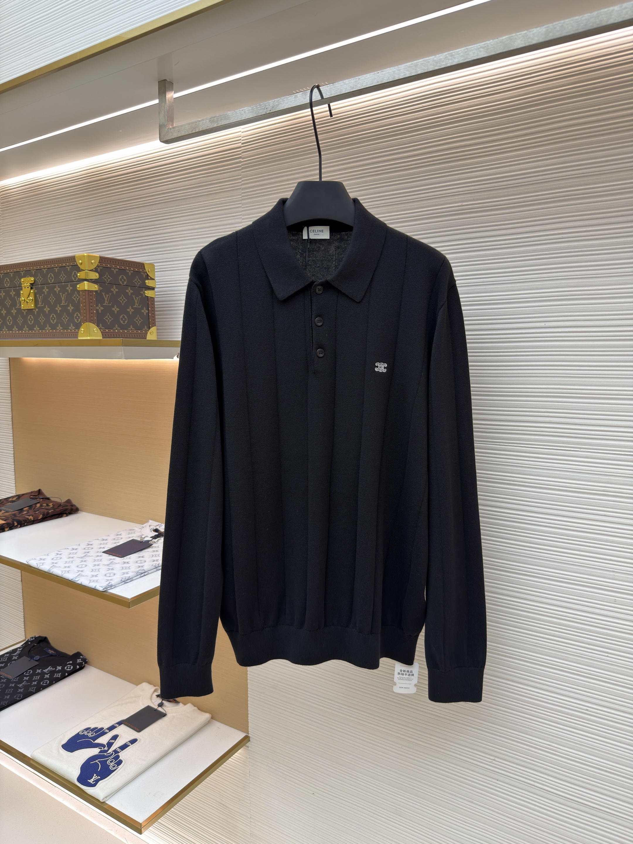 CELINE 赛琳 刺绣套头Polo领针织毛衣 针织衫 外套 长袖 灰色 黑色 B2