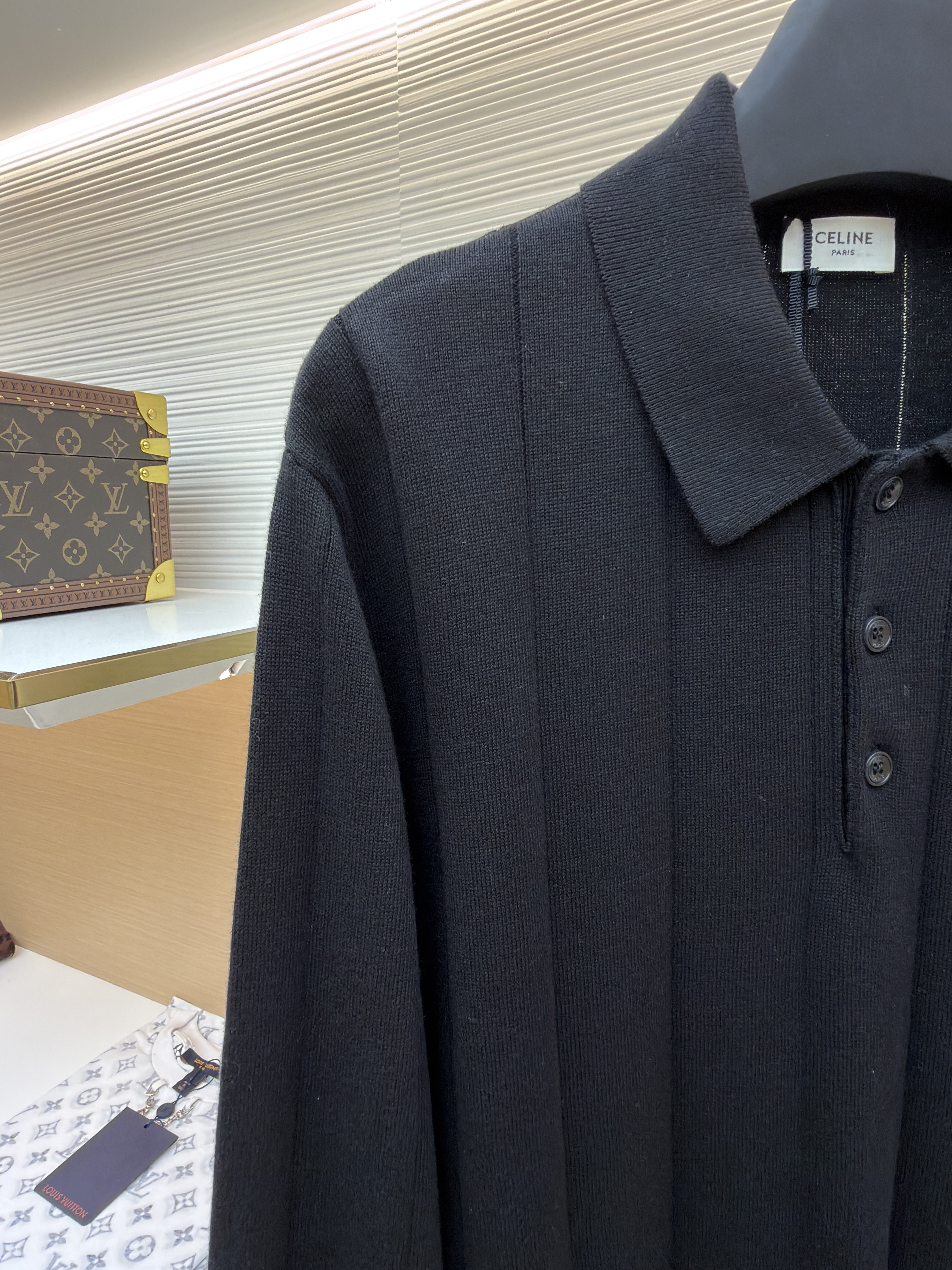 CELINE 赛琳 刺绣套头Polo领针织毛衣 针织衫 外套 长袖 灰色 黑色 B2