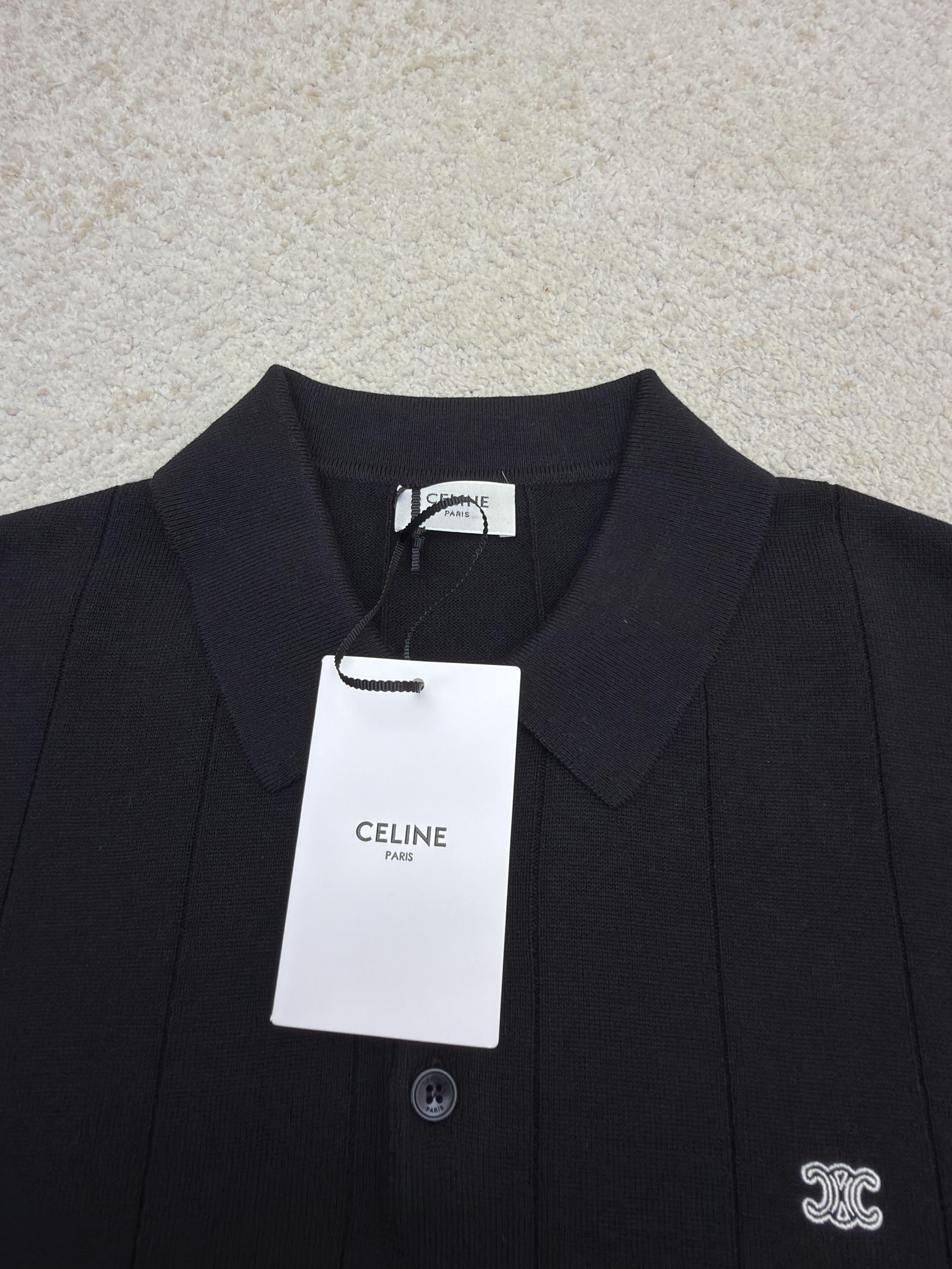 CELINE 赛琳 刺绣套头Polo领针织毛衣 针织衫 外套 长袖 灰色 黑色 B2