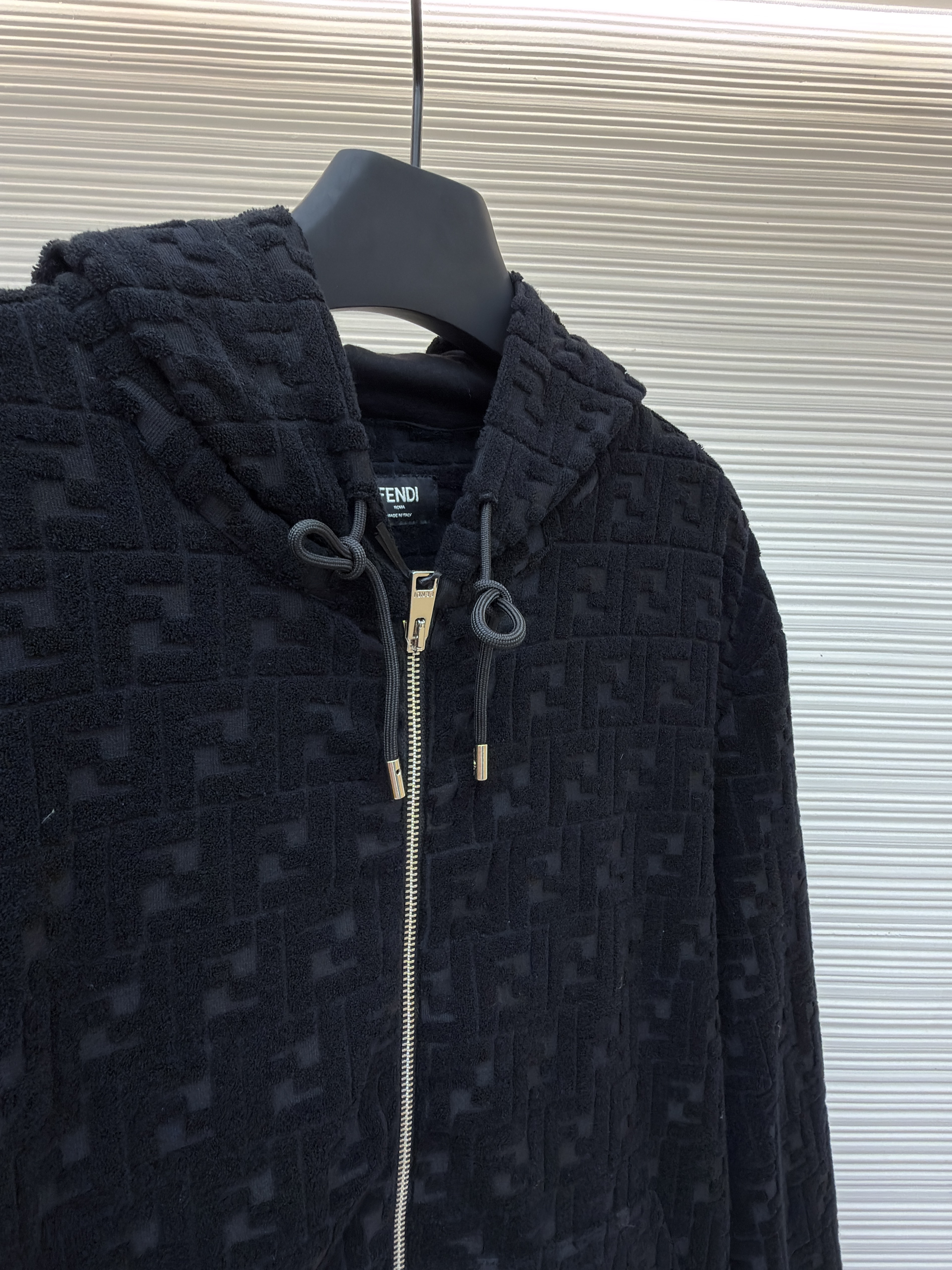 FENDI 芬迪 满印植绒拉链连帽卫衣 连帽衫 外套 夹克 长袖 秋冬 黑色 C0