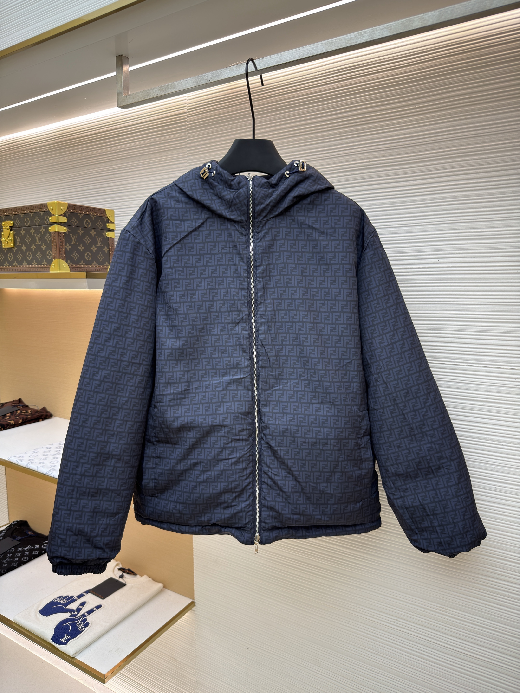 FENDI 芬迪 双面两穿双头拉链连帽外套 棉服 夹克 长袖 秋冬 藏蓝色 C5