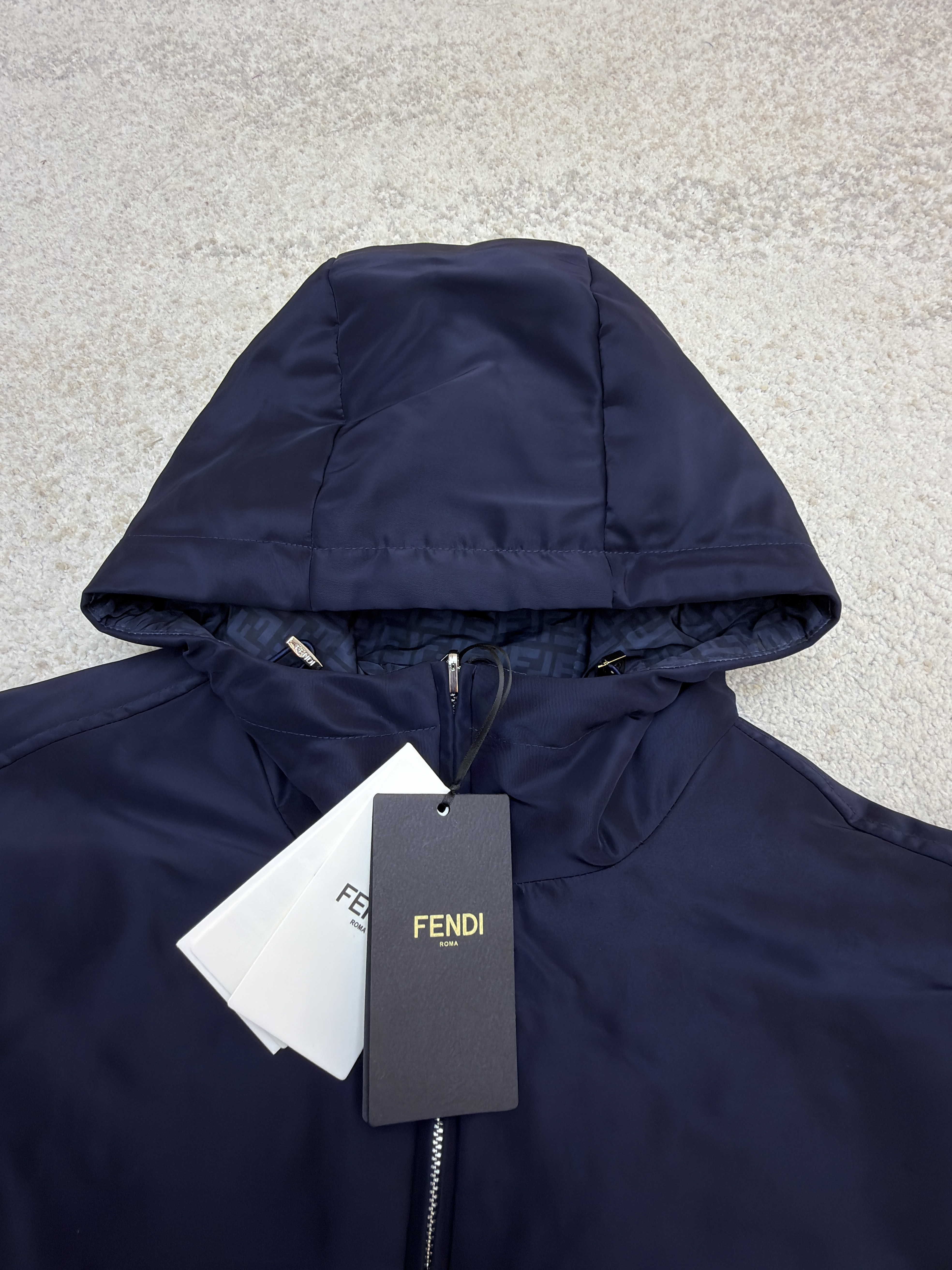 FENDI 芬迪 双面两穿双头拉链连帽外套 棉服 夹克 长袖 秋冬 藏蓝色 C5