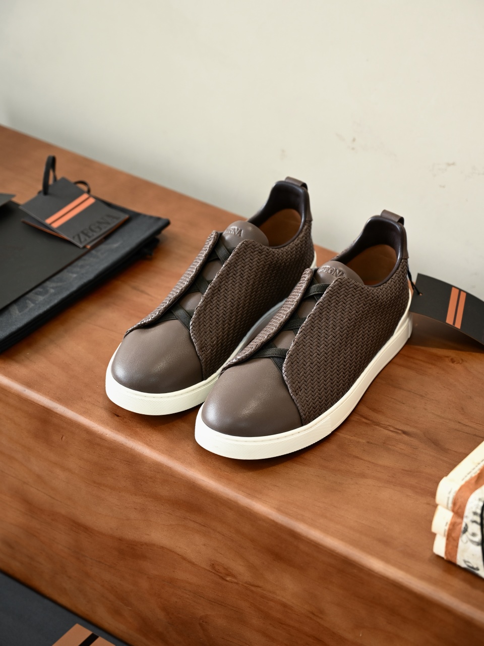 杰尼亚 Zegna  Triple Stitch Woven Leather Upper Laceless Sneakers - C0-LHPNU-S4665Z-CTO