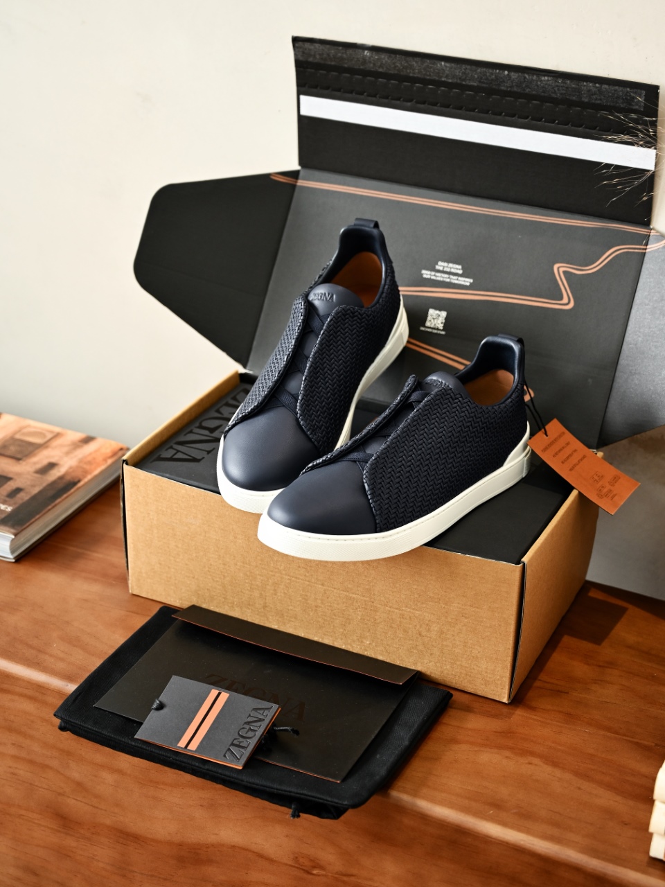 杰尼亚  Zegna Triple Stitch Woven Leather Upper Laceless Sneakers -Navy blue-C0-RLHSPT-S4665Z-NEEE