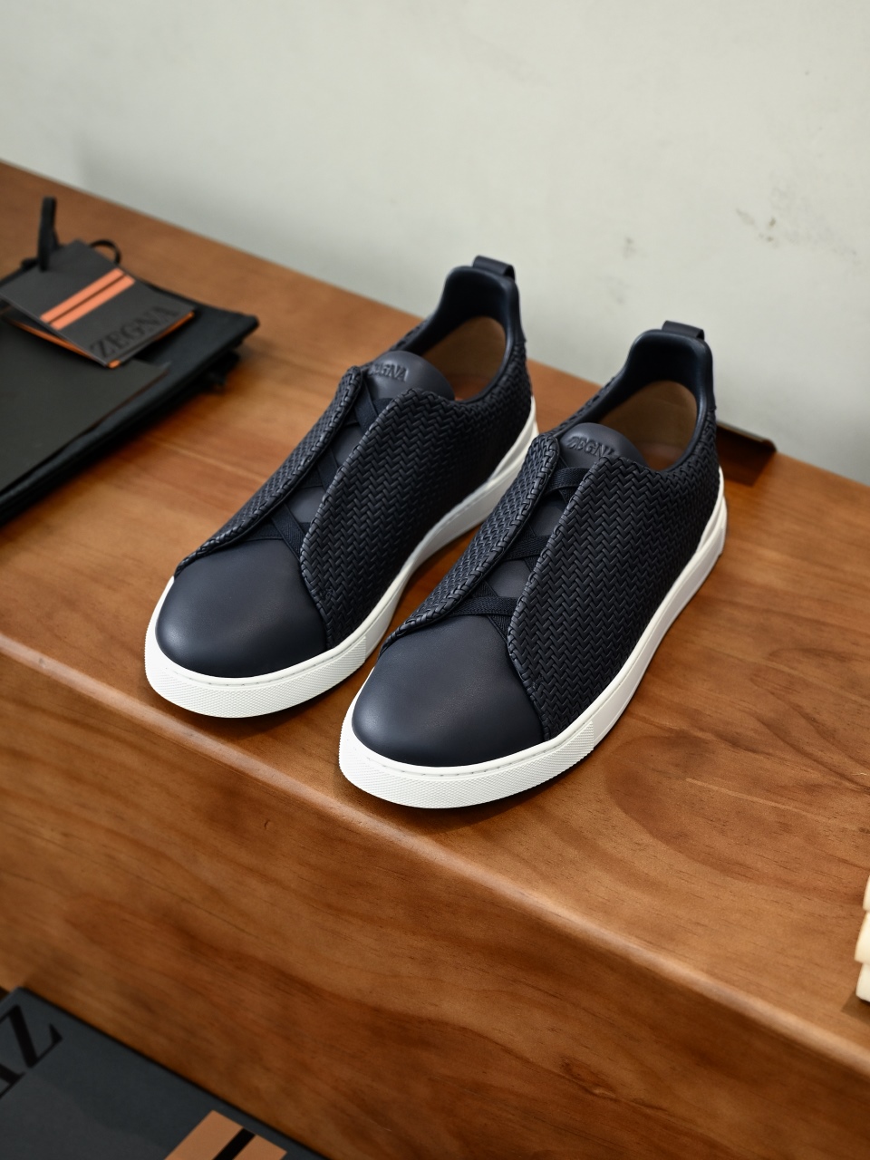 杰尼亚  Zegna Triple Stitch Woven Leather Upper Laceless Sneakers -Navy blue-C0-RLHSPT-S4665Z-NEEE