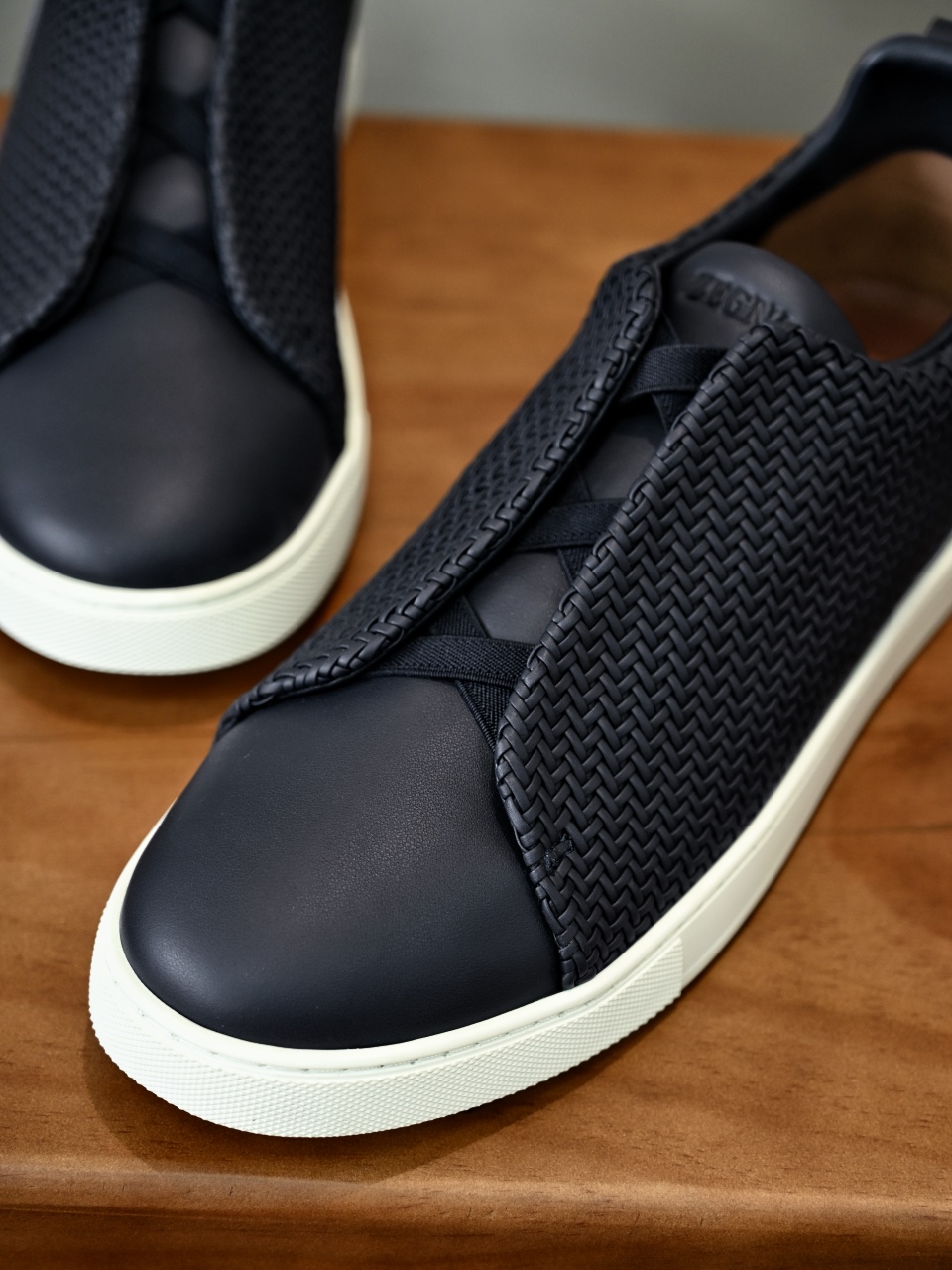 杰尼亚  Zegna Triple Stitch Woven Leather Upper Laceless Sneakers -Navy blue-C0-RLHSPT-S4665Z-NEEE