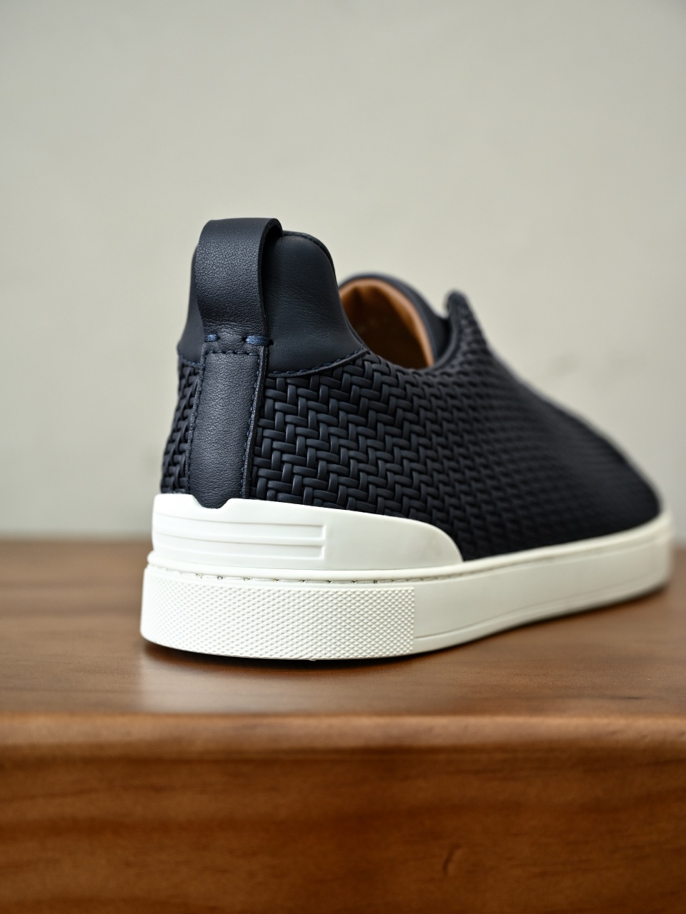杰尼亚  Zegna Triple Stitch Woven Leather Upper Laceless Sneakers -Navy blue-C0-RLHSPT-S4665Z-NEEE