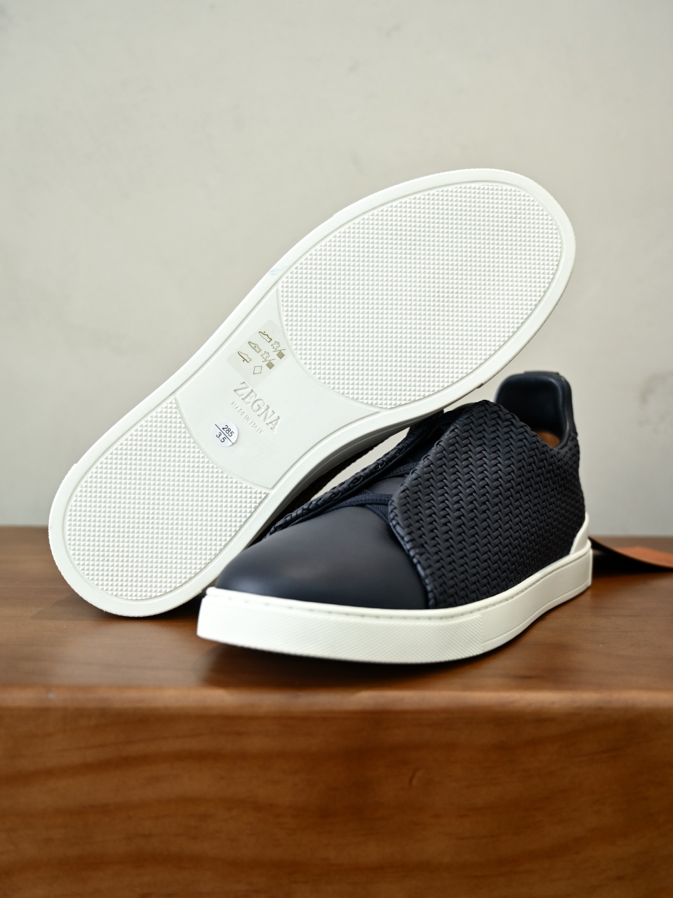 杰尼亚  Zegna Triple Stitch Woven Leather Upper Laceless Sneakers -Navy blue-C0-RLHSPT-S4665Z-NEEE